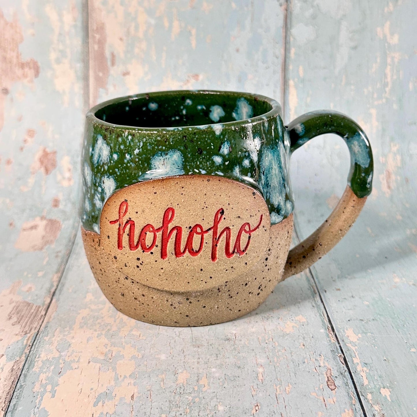 Green Christmas Hohoho Mug, Handmade Ceramic Cup - Father Christmas Santa - FJD Ceramics