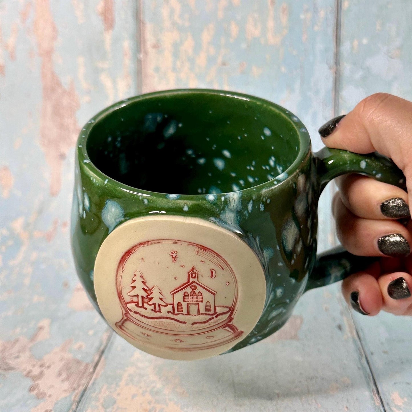 Green Christmas Snow Globe Mug, Handmade Ceramic Cup - FJD Ceramics