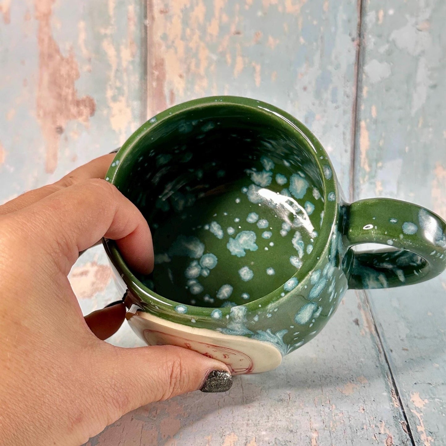 Green Christmas Snow Globe Mug, Handmade Ceramic Cup - FJD Ceramics