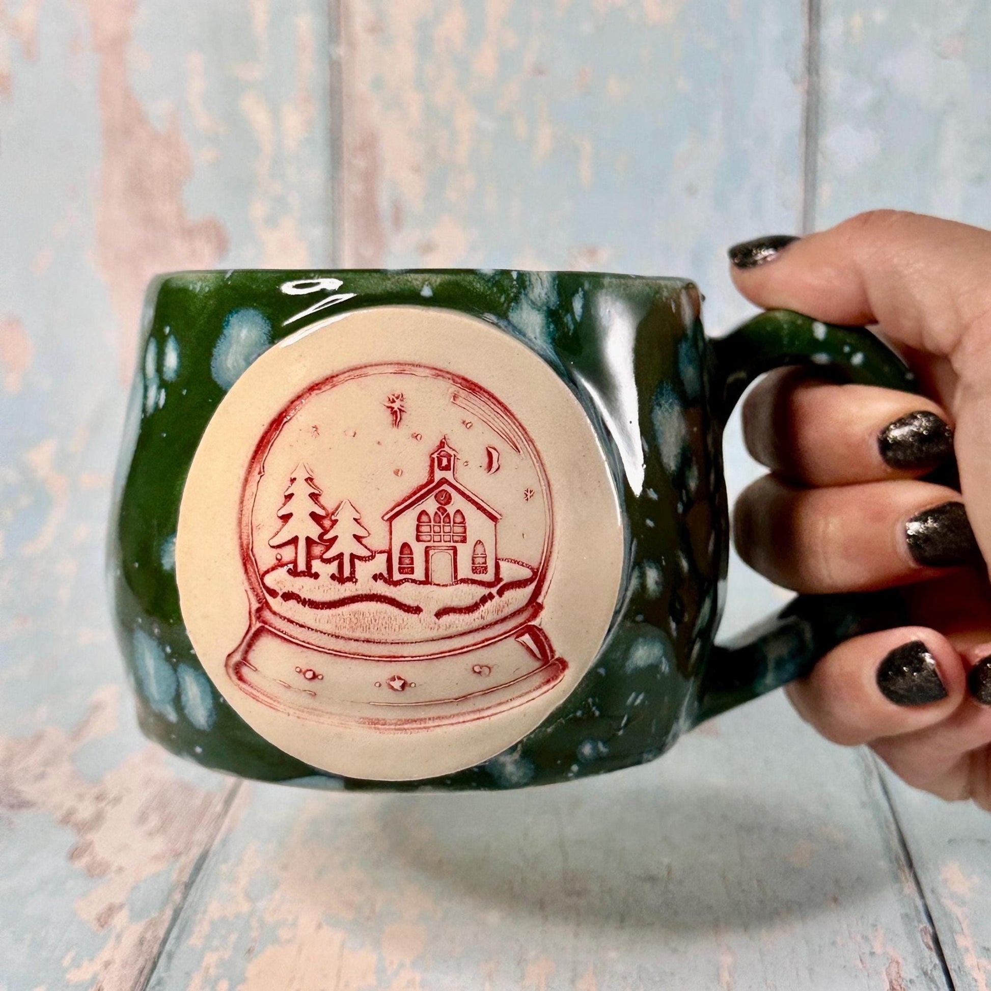 Green Christmas Snow Globe Mug, Handmade Ceramic Cup - FJD Ceramics