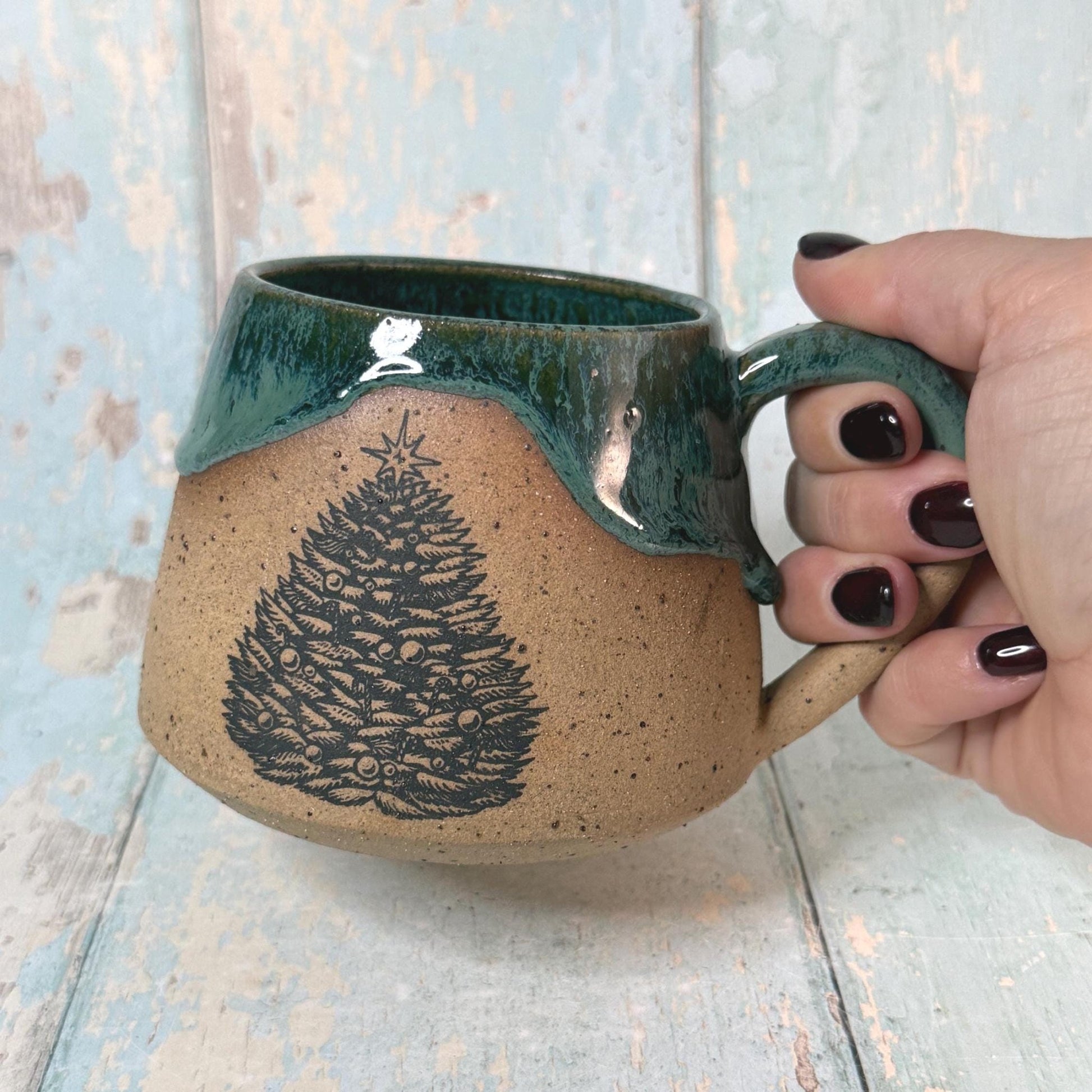 Green Christmas Tree Mug, Handmade Ceramic Cup - FJD Ceramics