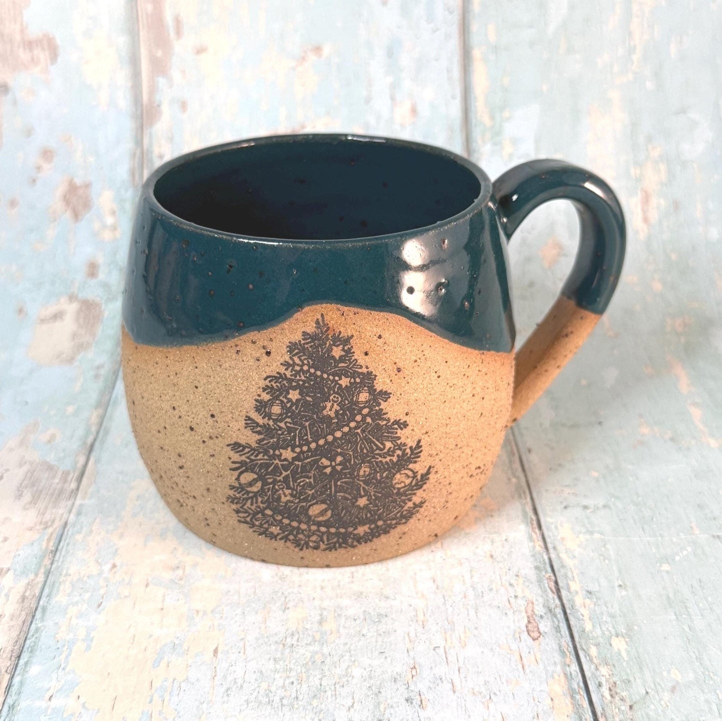 Green Christmas Tree Mug, Handmade Ceramic Cup - FJD Ceramics
