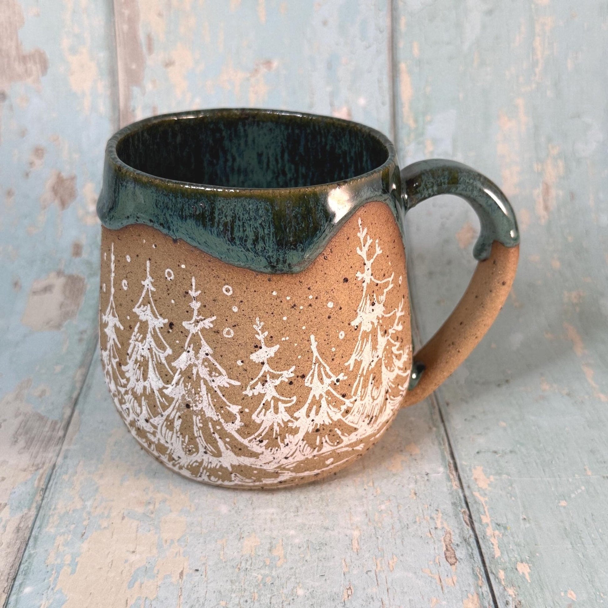 Green Christmas Tree Mug, Handmade Ceramic Cup - FJD Ceramics