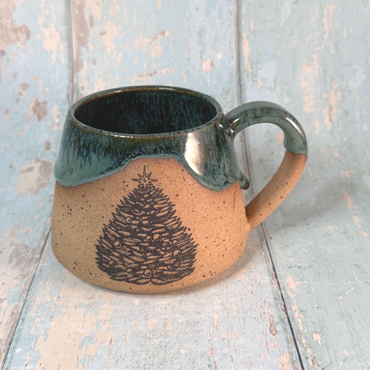 Green Christmas Tree Mug, Handmade Ceramic Cup - FJD Ceramics