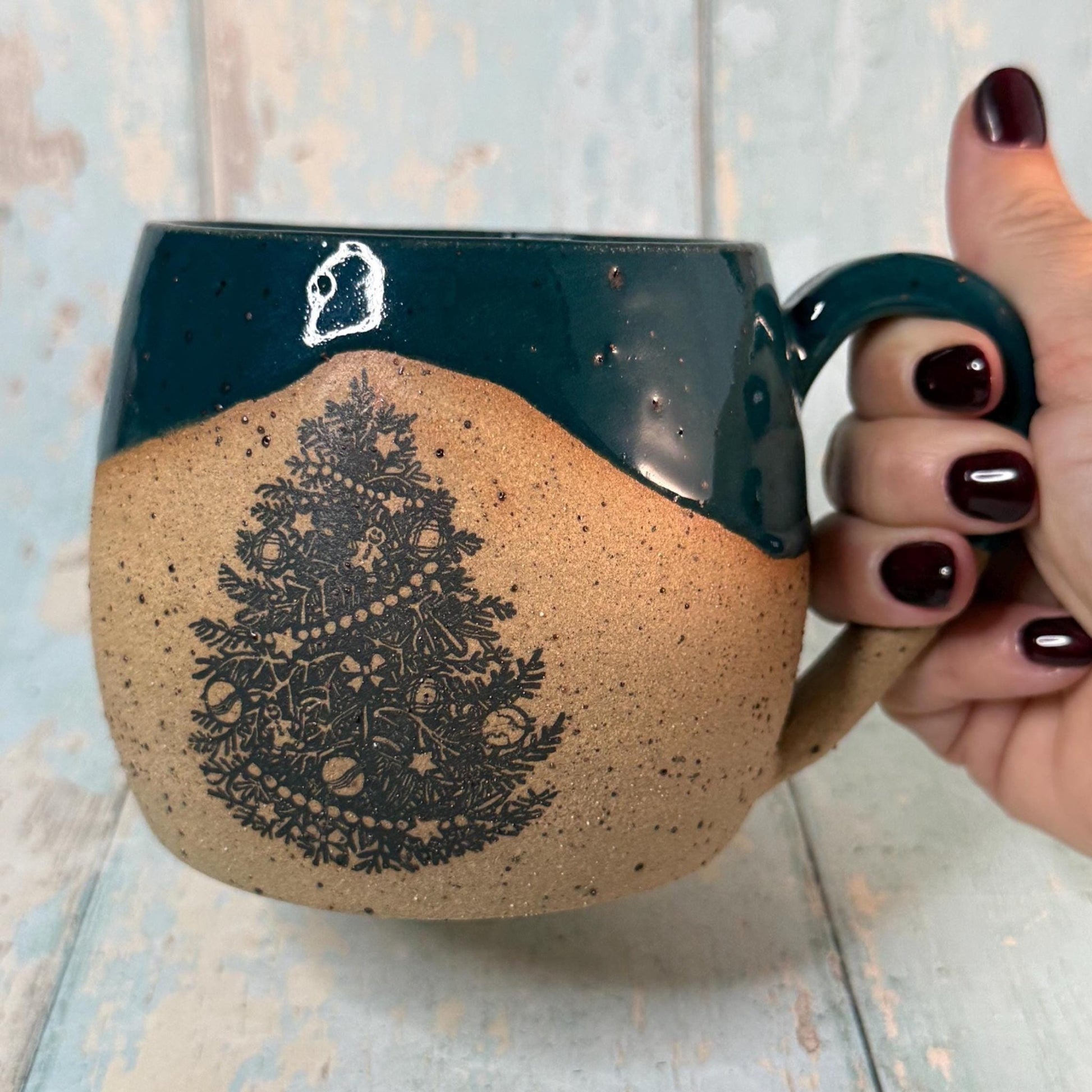 Green Christmas Tree Mug, Handmade Ceramic Cup - FJD Ceramics