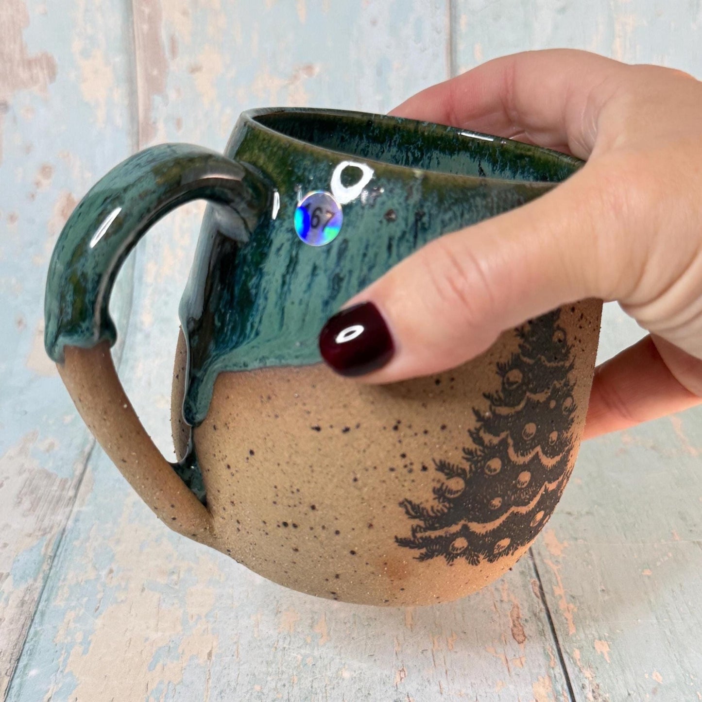 Green Christmas Tree Mug, Handmade Ceramic Cup - FJD Ceramics