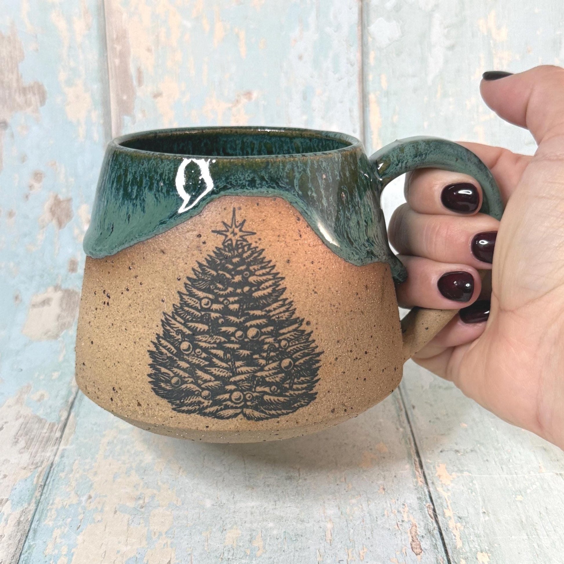 Green Christmas Tree Mug, Handmade Ceramic Cup - FJD Ceramics