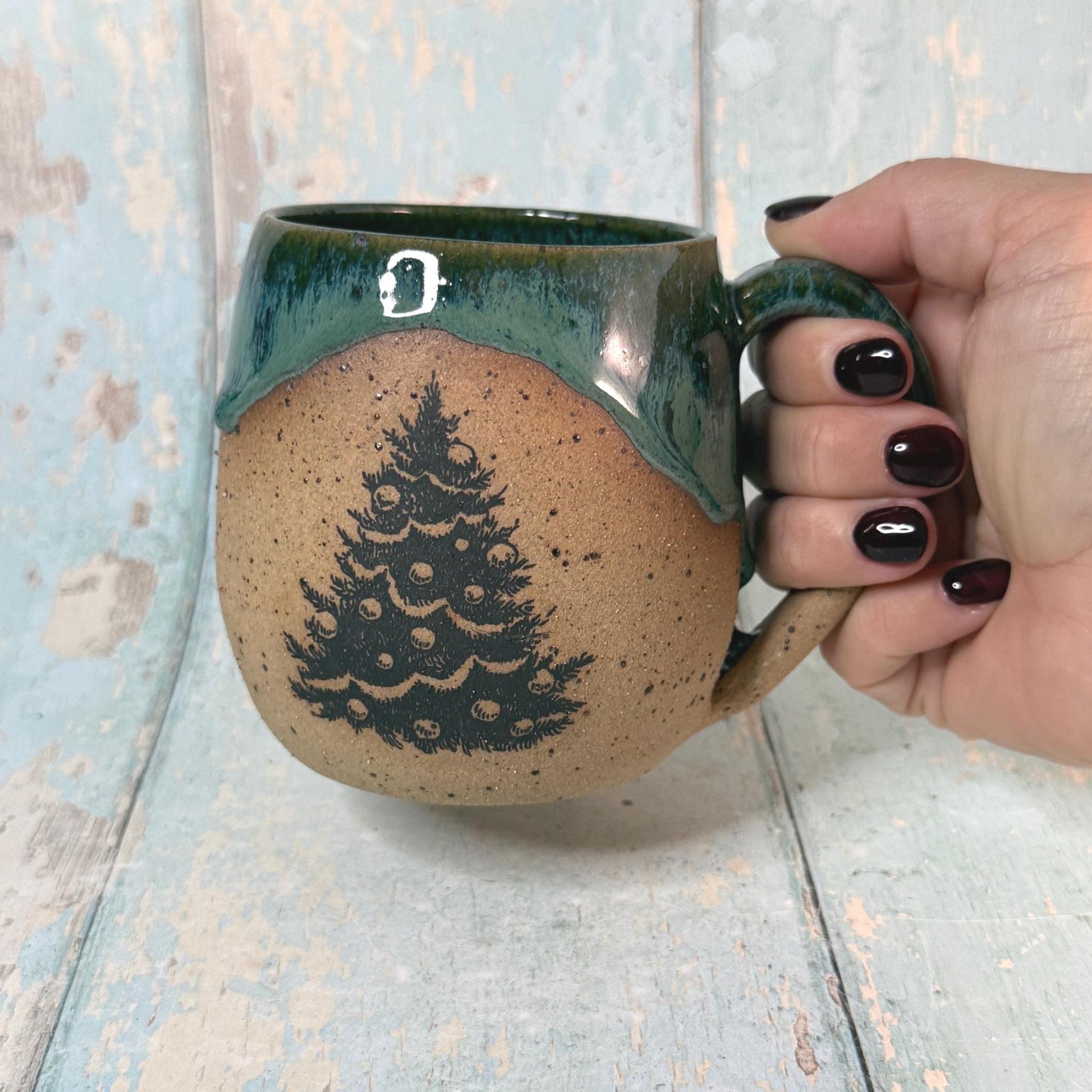 Green Christmas Tree Mug, Handmade Ceramic Cup - FJD Ceramics