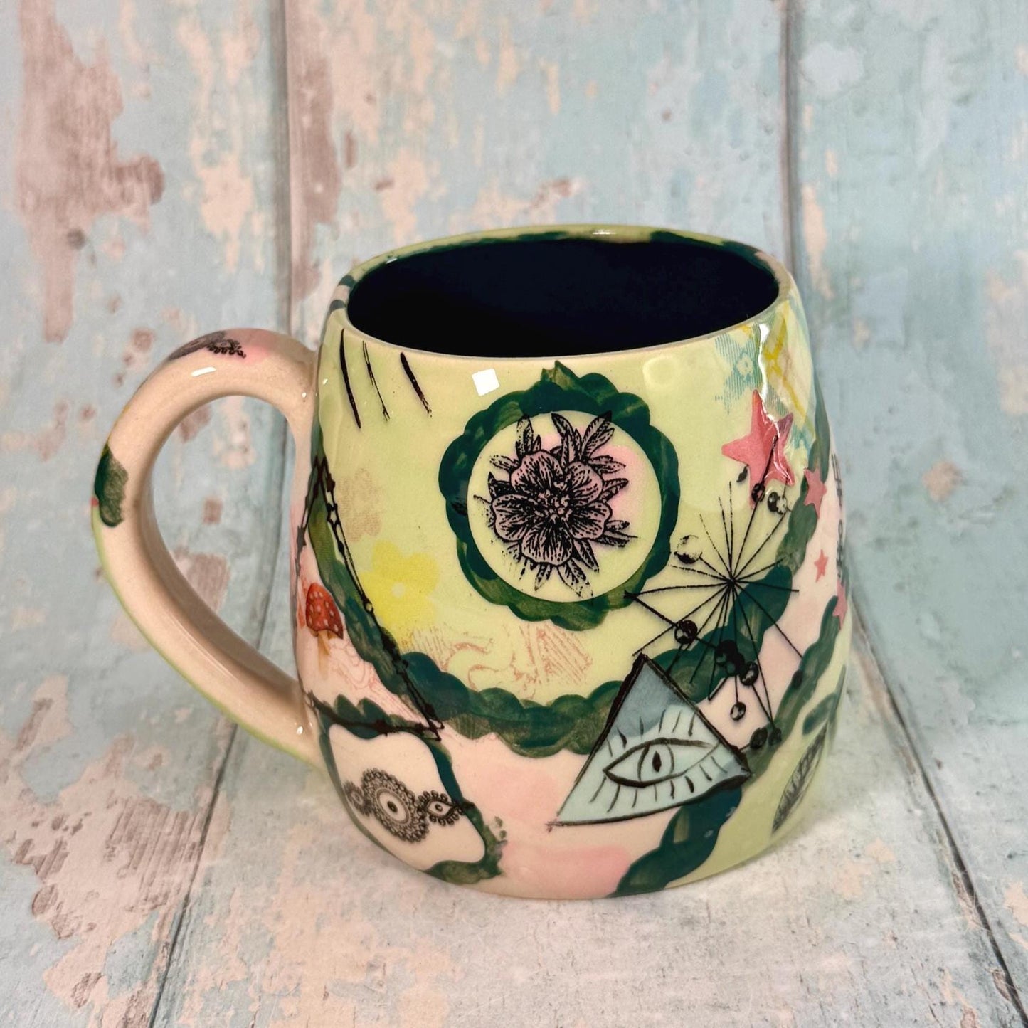 Green Collage Patchwork Mug, Handmade Ceramic Cup - FJD Ceramics