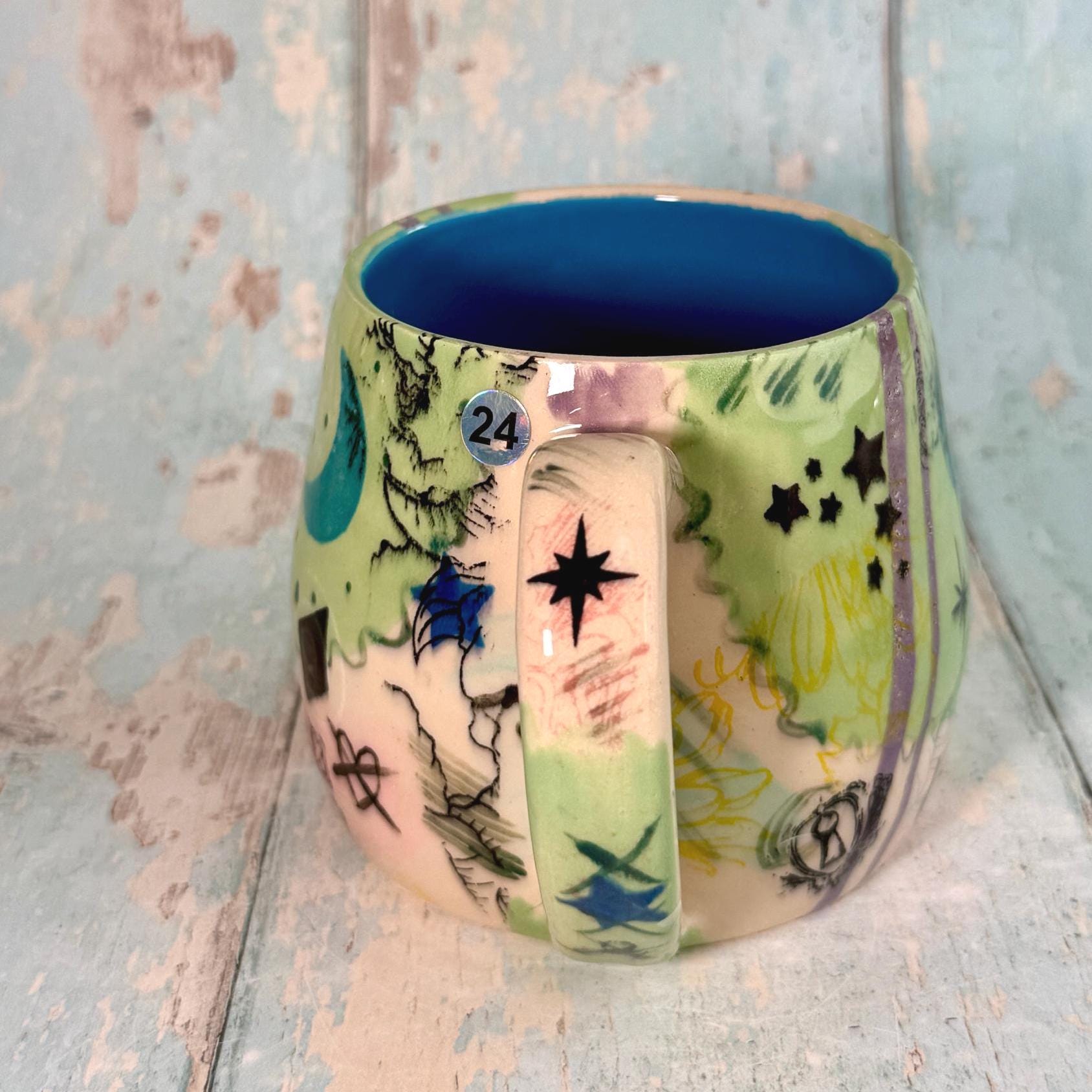 Green Collage Patchwork Mug, Handmade Ceramic Cup - FJD Ceramics