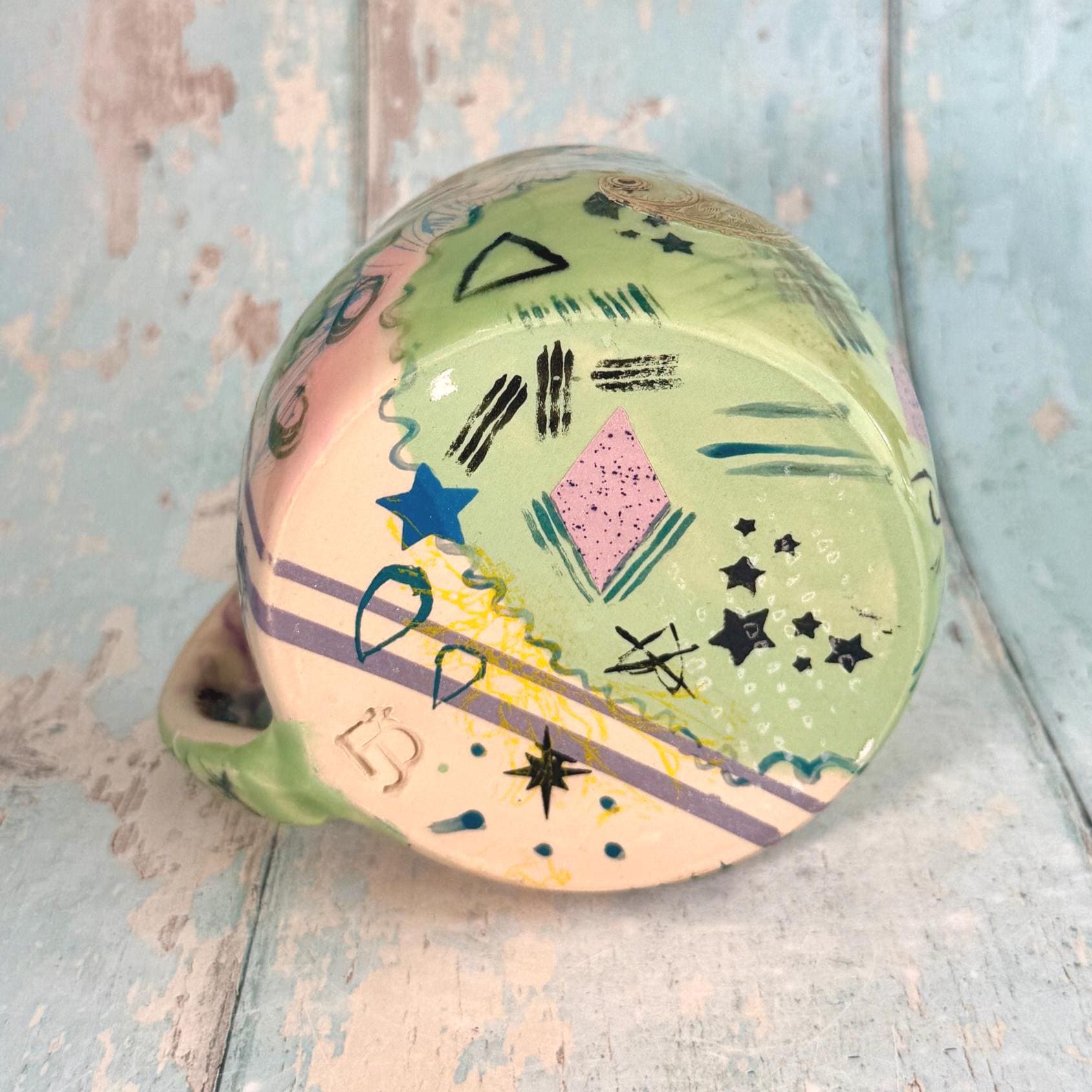Green Collage Patchwork Mug, Handmade Ceramic Cup - FJD Ceramics