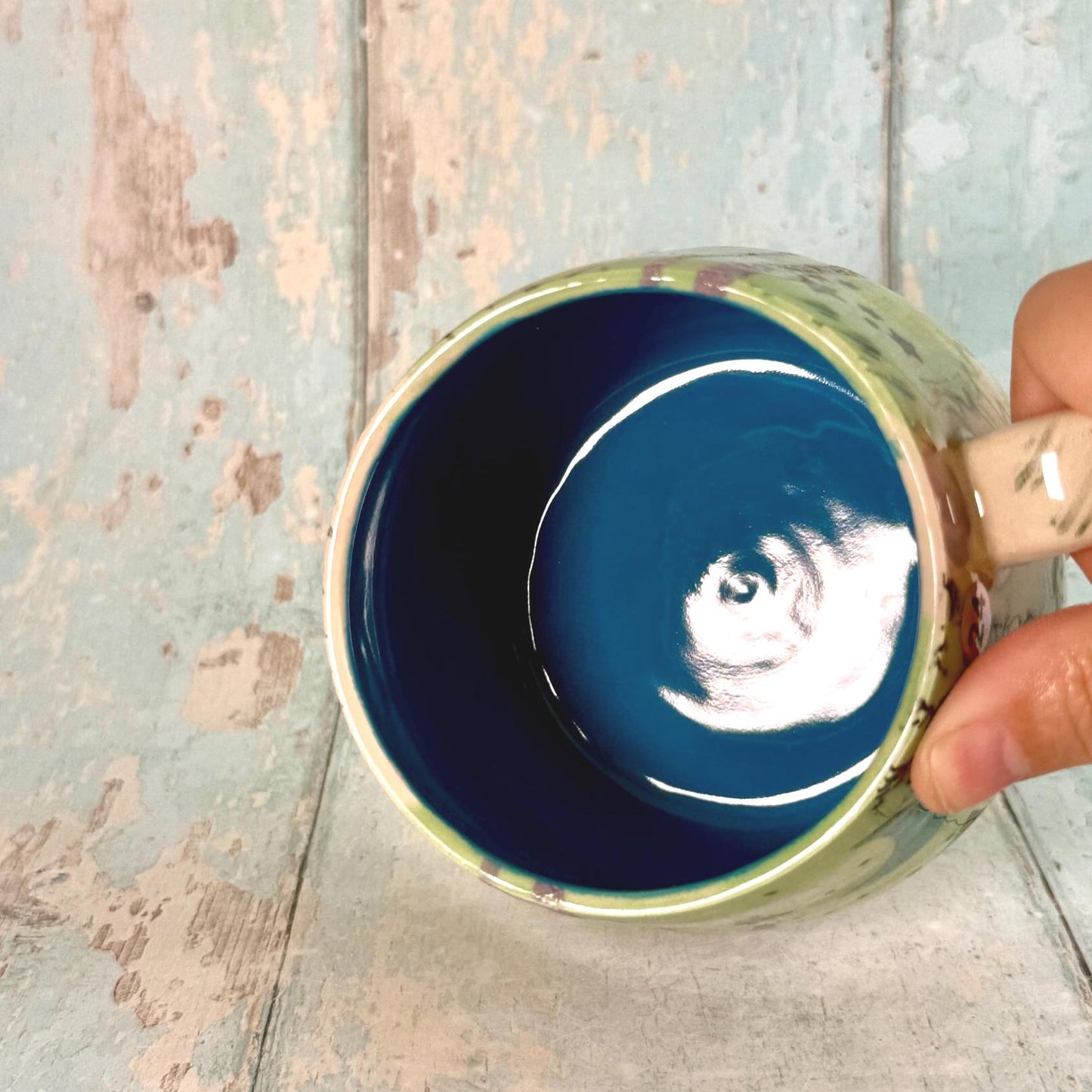 Green Collage Patchwork Mug, Handmade Ceramic Cup - FJD Ceramics