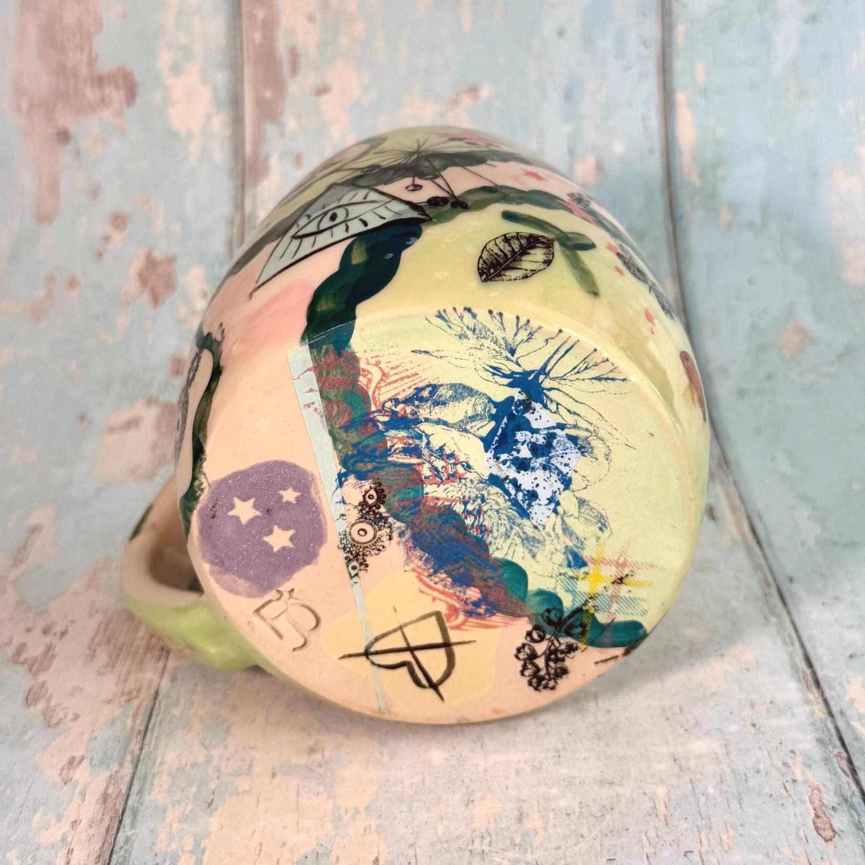 Green Collage Patchwork Mug, Handmade Ceramic Cup - FJD Ceramics