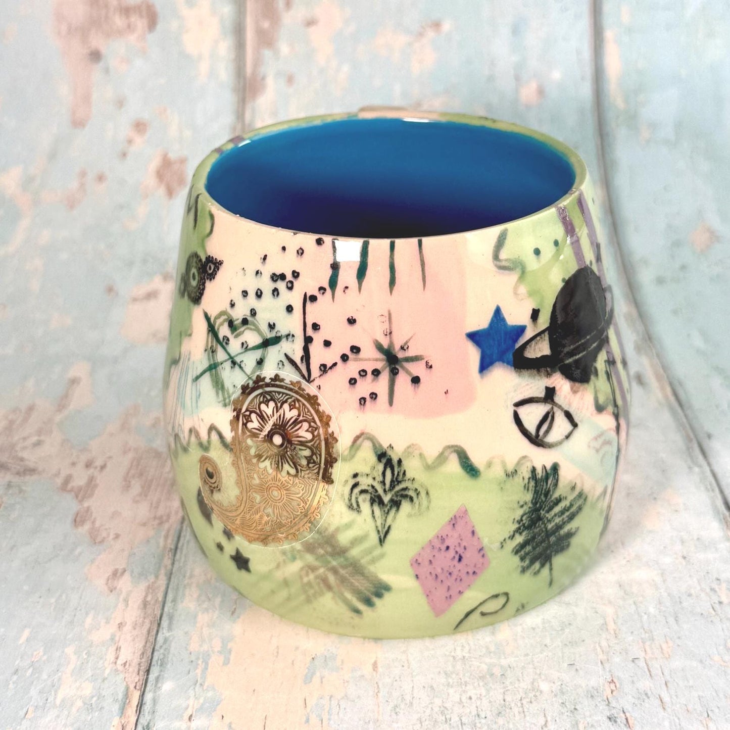 Green Collage Patchwork Mug, Handmade Ceramic Cup - FJD Ceramics