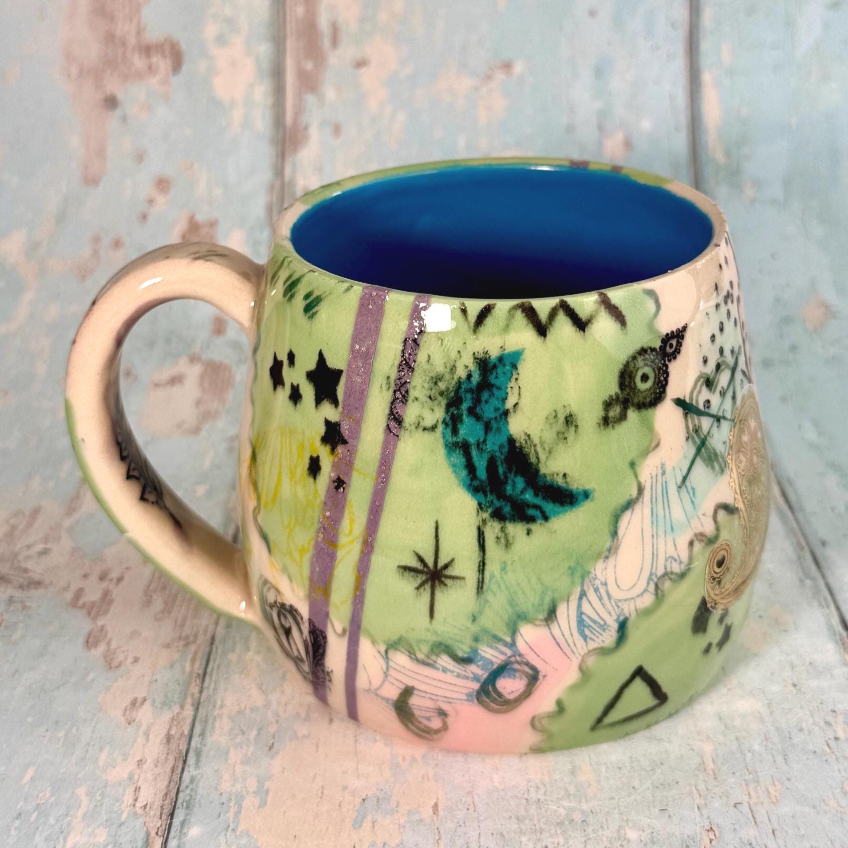 Green Collage Patchwork Mug, Handmade Ceramic Cup - FJD Ceramics