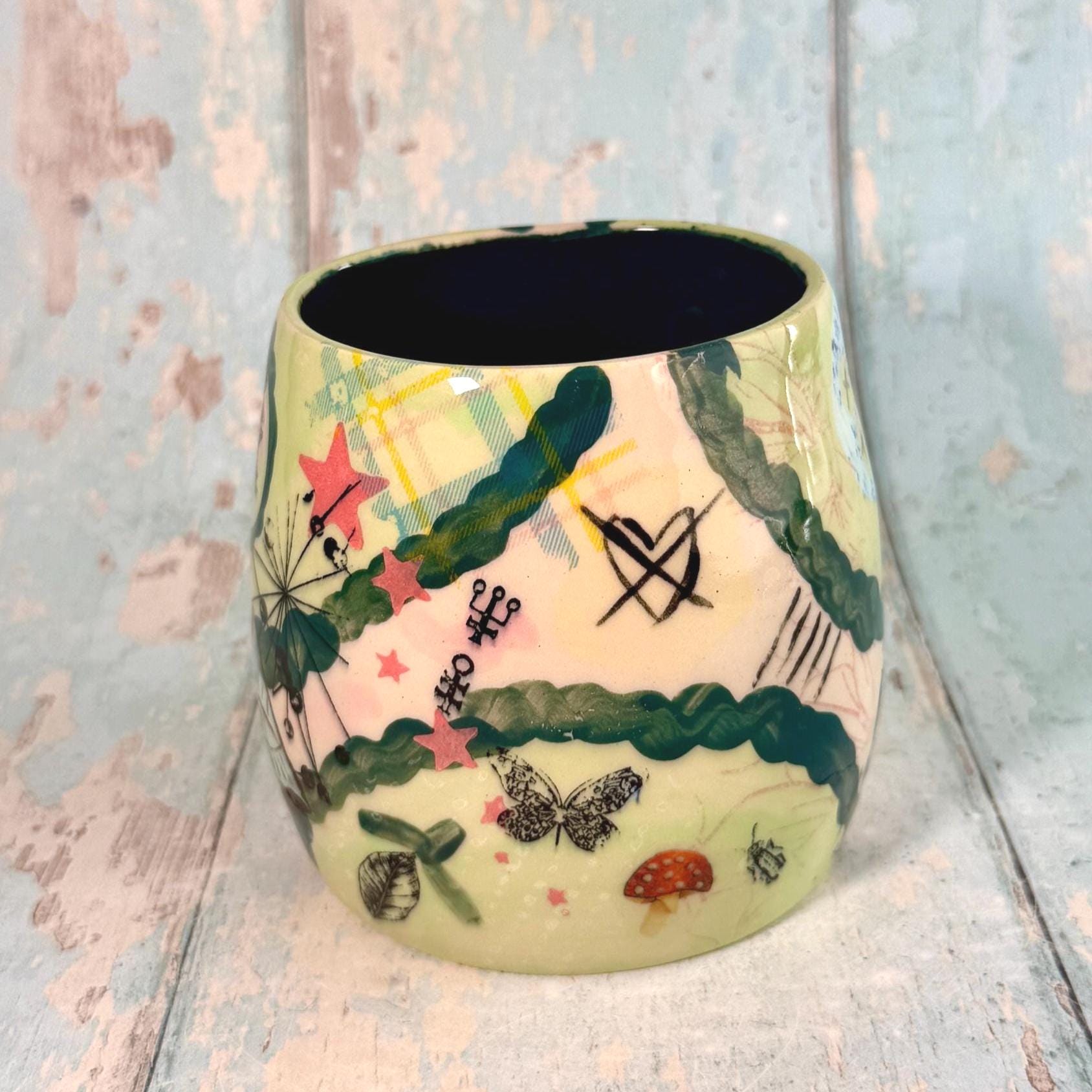 Green Collage Patchwork Mug, Handmade Ceramic Cup - FJD Ceramics