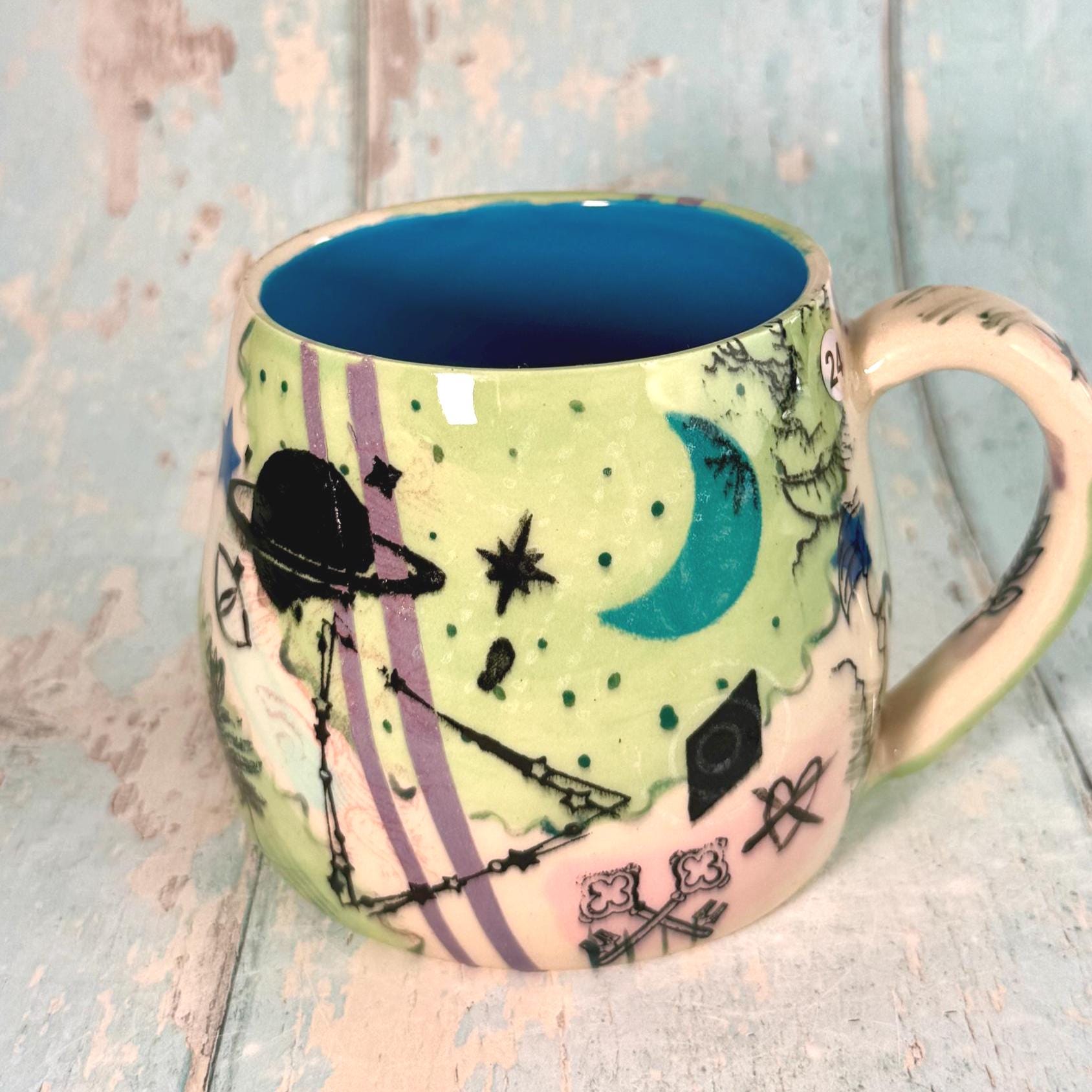 Green Collage Patchwork Mug, Handmade Ceramic Cup - FJD Ceramics
