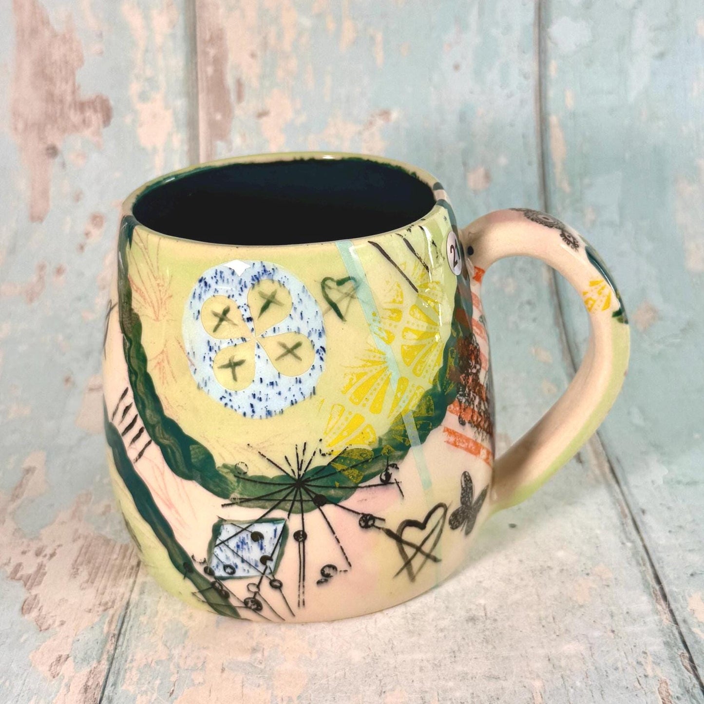 Green Collage Patchwork Mug, Handmade Ceramic Cup - FJD Ceramics