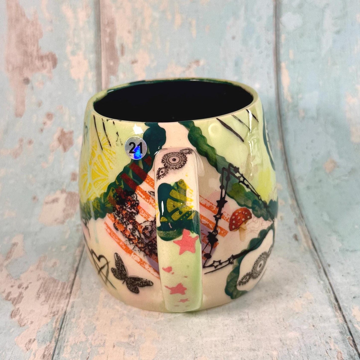Green Collage Patchwork Mug, Handmade Ceramic Cup - FJD Ceramics