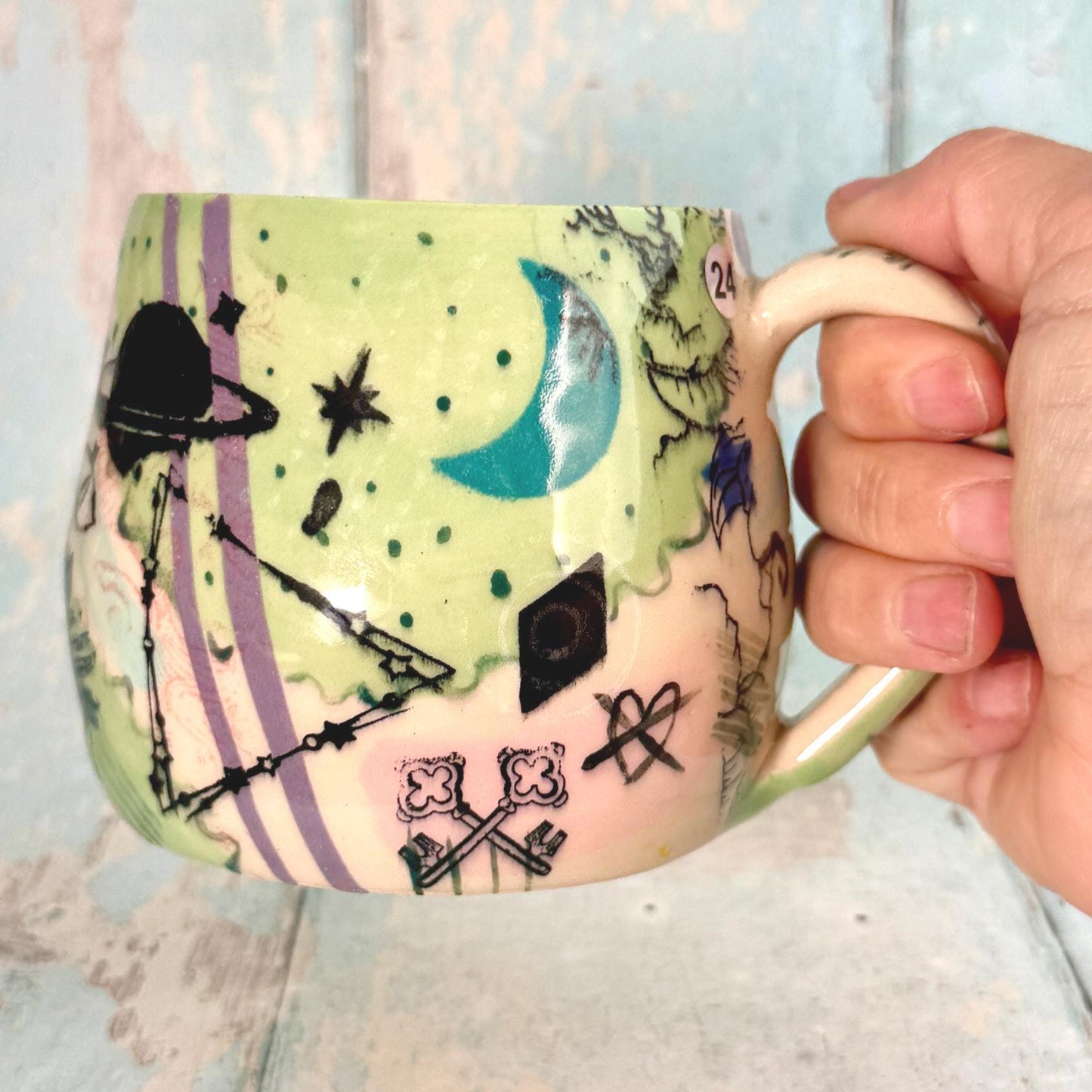 Green Collage Patchwork Mug, Handmade Ceramic Cup - FJD Ceramics