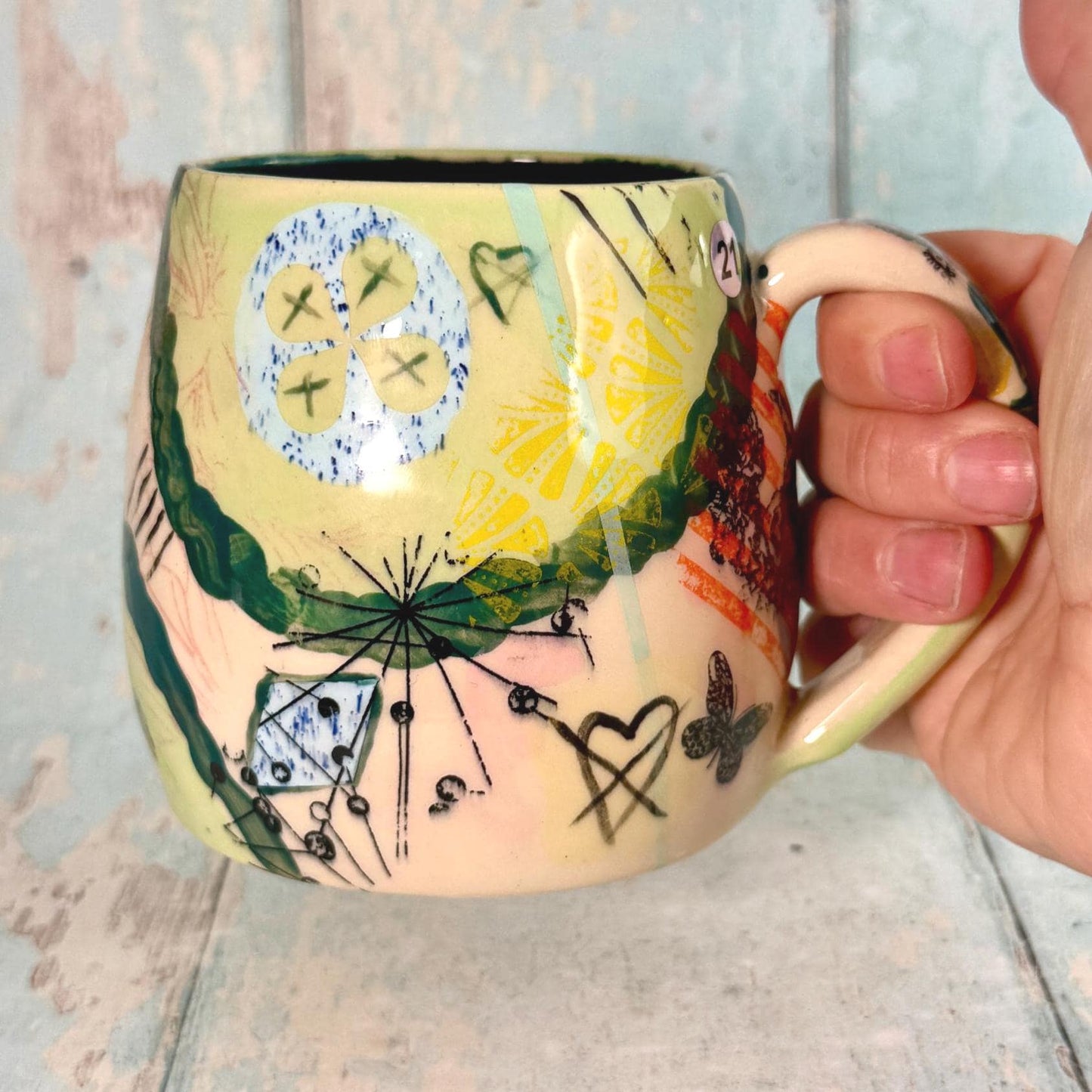 Green Collage Patchwork Mug, Handmade Ceramic Cup - FJD Ceramics