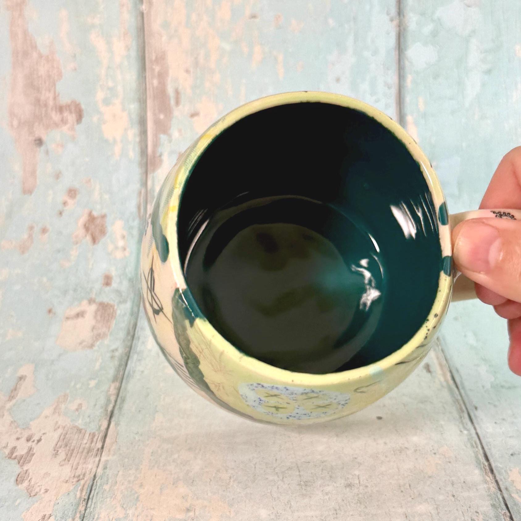 Green Collage Patchwork Mug, Handmade Ceramic Cup - FJD Ceramics