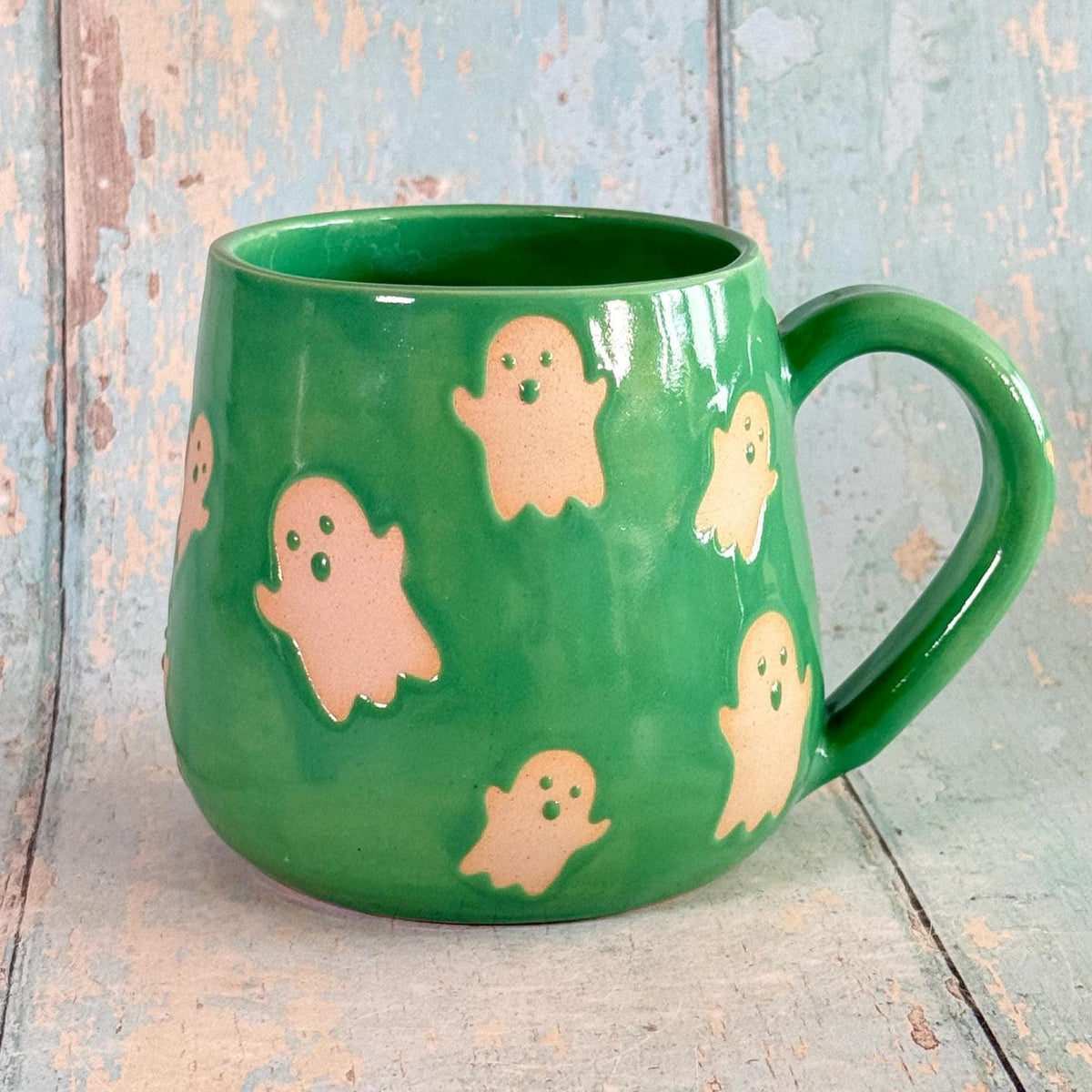 Green Ghost Mug, Handmade Ceramic Cup, Spooky Halloween Mug - FJD Ceramics