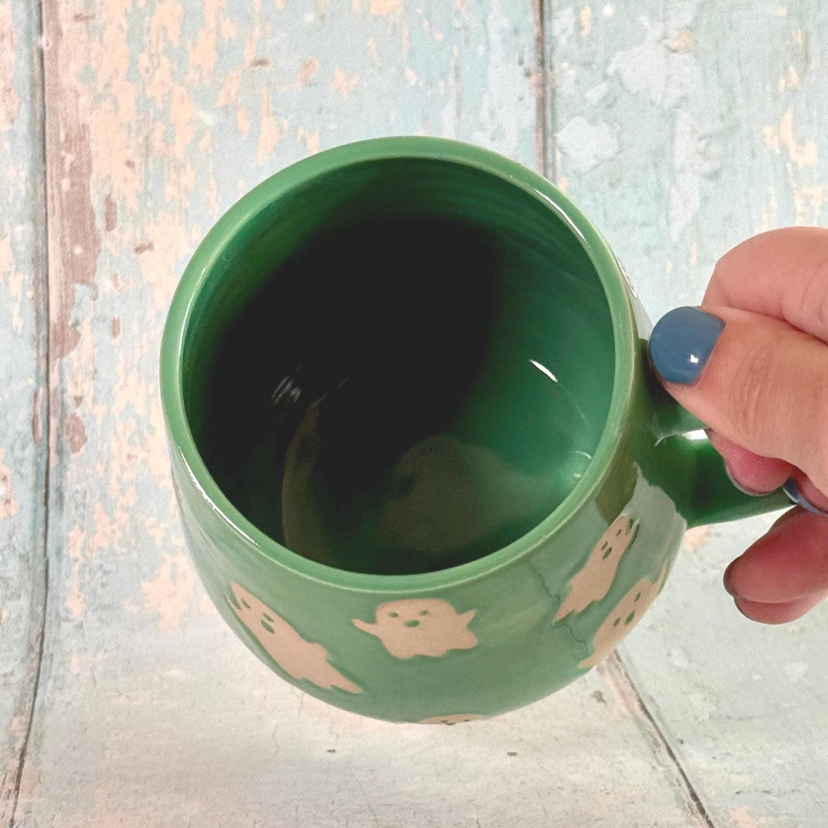 Green Ghost Mug, Handmade Ceramic Cup, Spooky Halloween Mug - FJD Ceramics