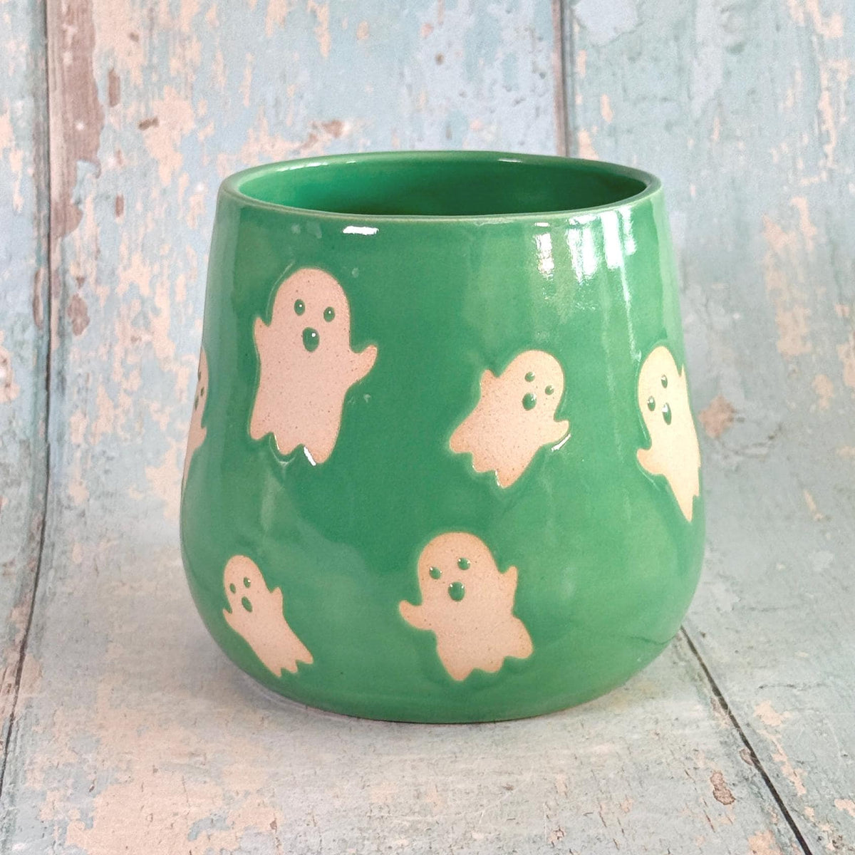 Green Ghost Mug, Handmade Ceramic Cup, Spooky Halloween Mug - FJD Ceramics