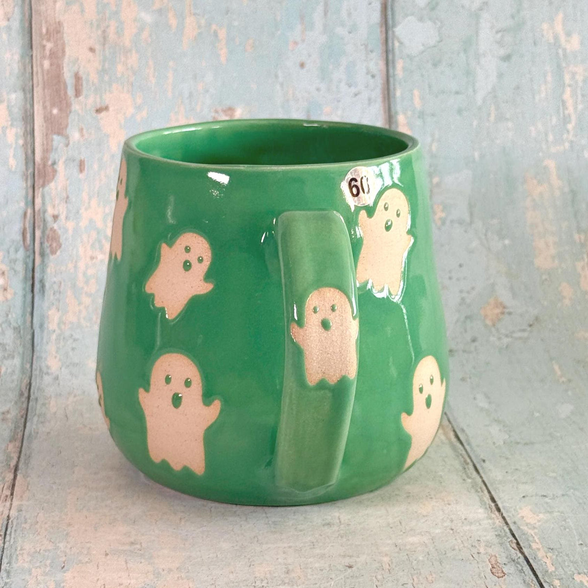 Green Ghost Mug, Handmade Ceramic Cup, Spooky Halloween Mug - FJD Ceramics