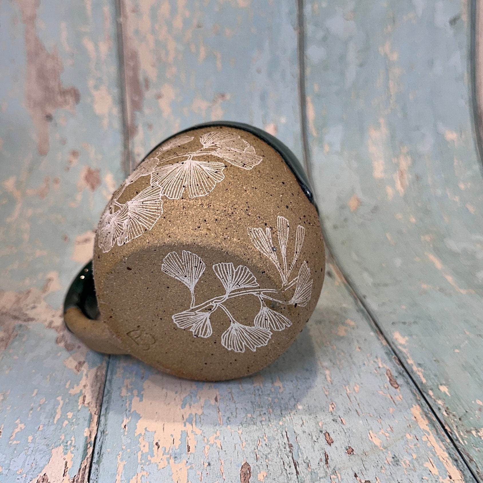 Green Ginkgo Mug, Large Ceramic Cup - FJD Ceramics