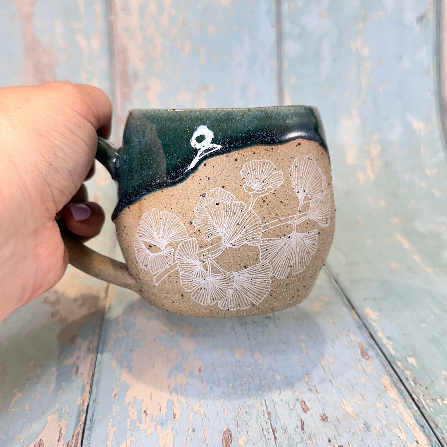 Green Ginkgo Mug, Large Ceramic Cup - FJD Ceramics