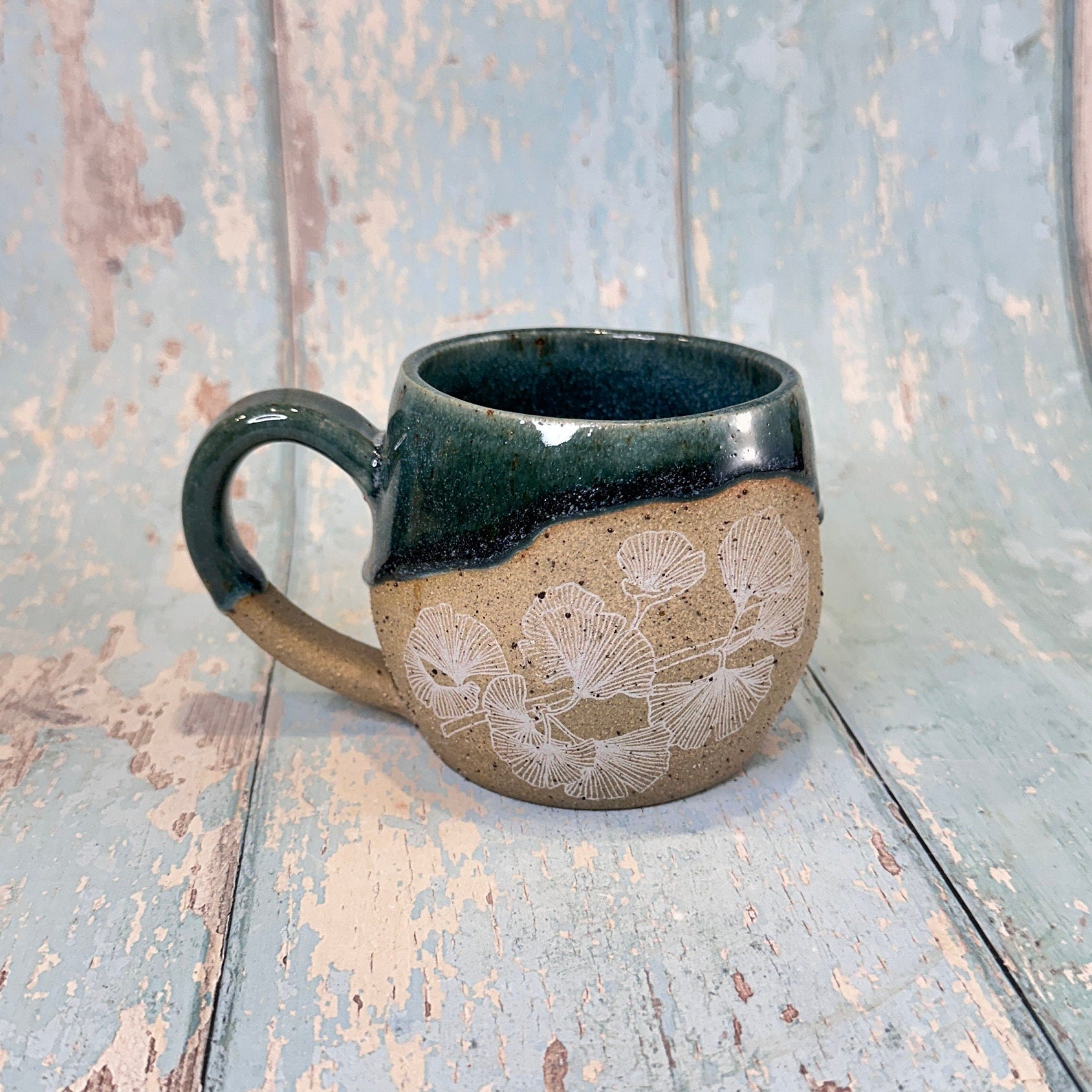 Green Ginkgo Mug, Large Ceramic Cup - FJD Ceramics