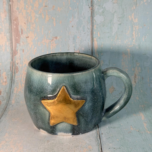 Green Gold Star Mug, Handmade Ceramic Mug - FJD Ceramics
