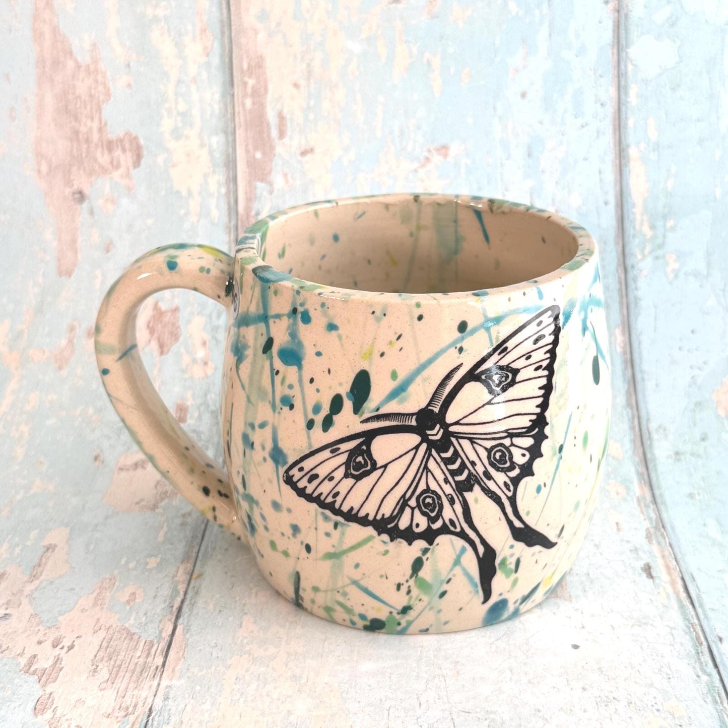 Green Luna Moth Mug, Handmade Ceramic Cup - FJD Ceramics