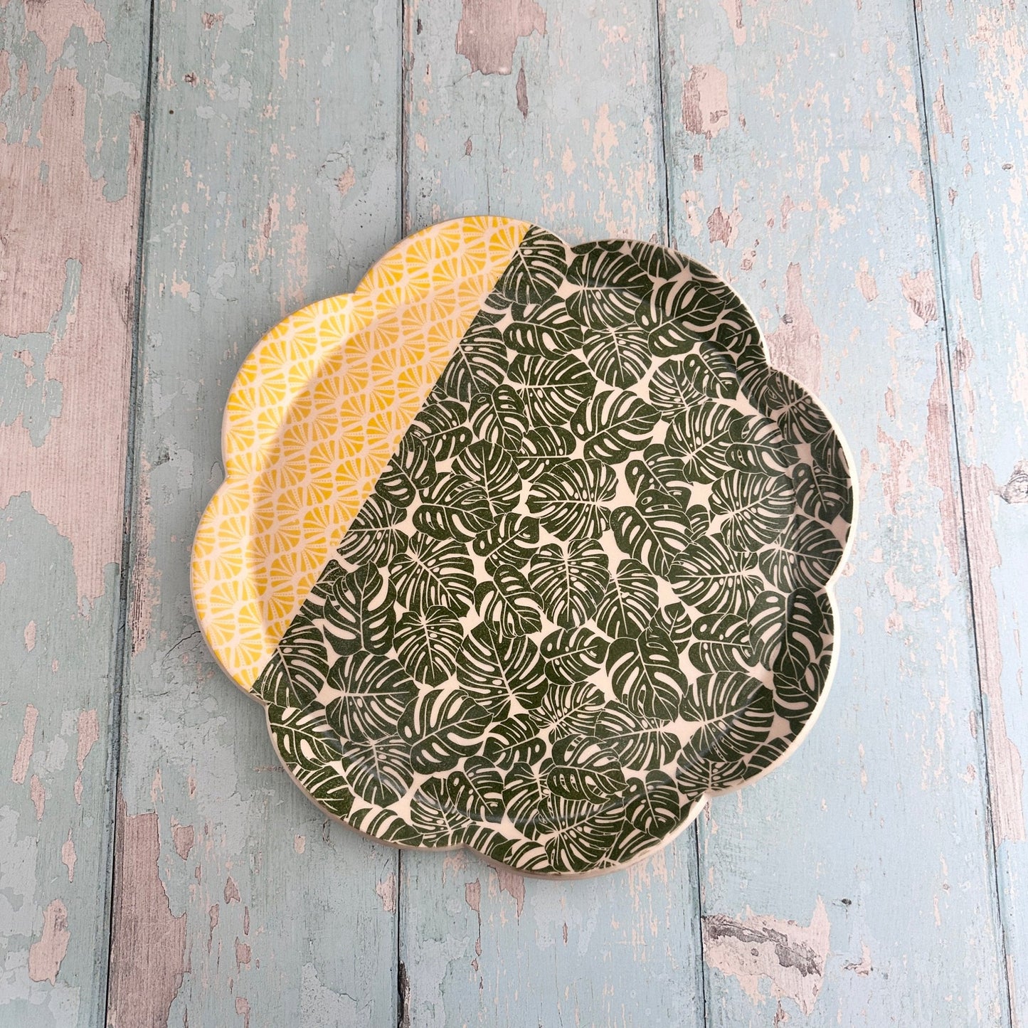 Green Monstera and Yellow Platter, Handmade Ceramic Cake Plate - FJD Ceramics