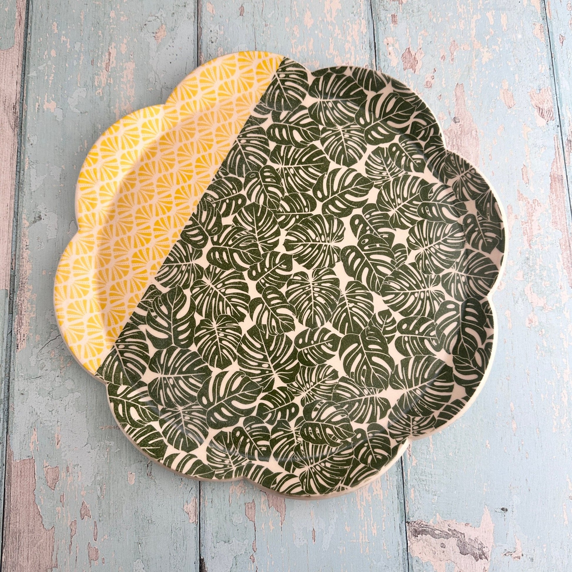 Green Monstera and Yellow Platter, Handmade Ceramic Cake Plate - FJD Ceramics