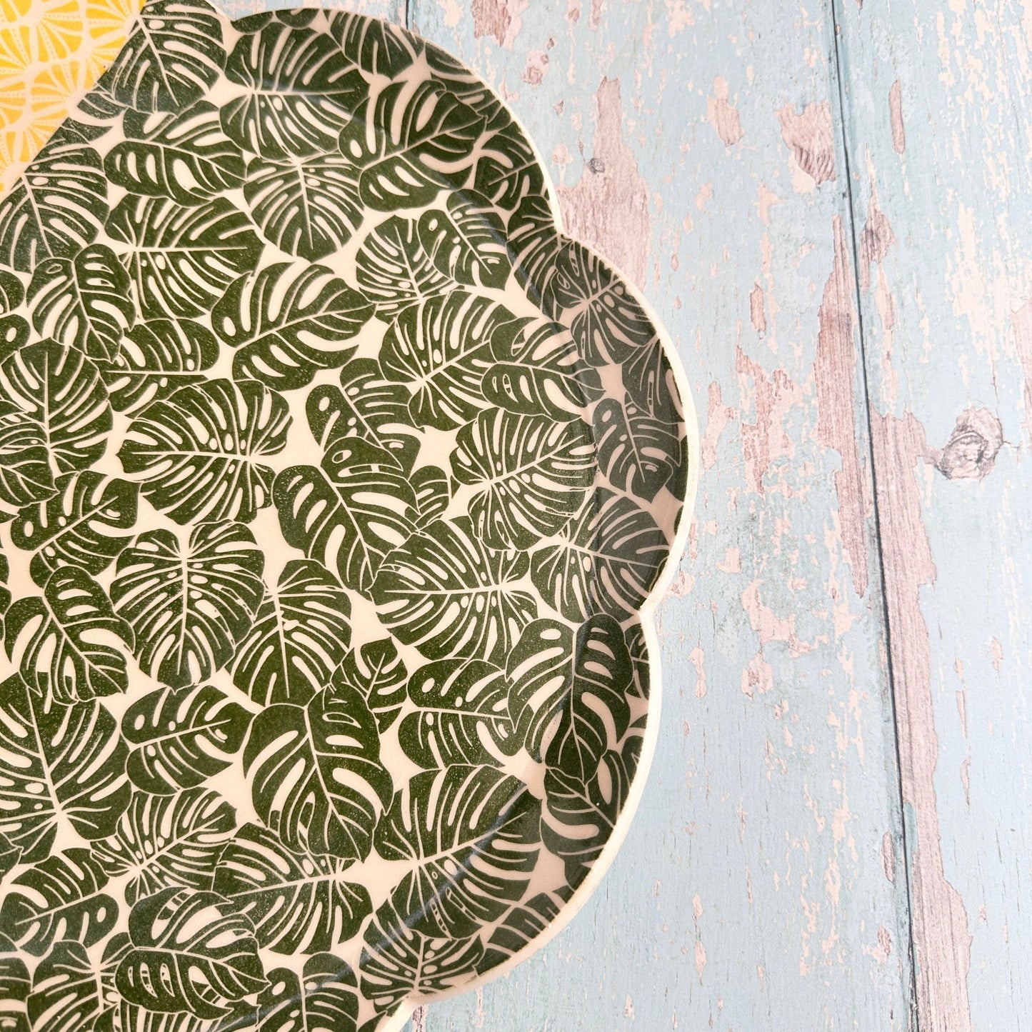 Green Monstera and Yellow Platter, Handmade Ceramic Cake Plate - FJD Ceramics