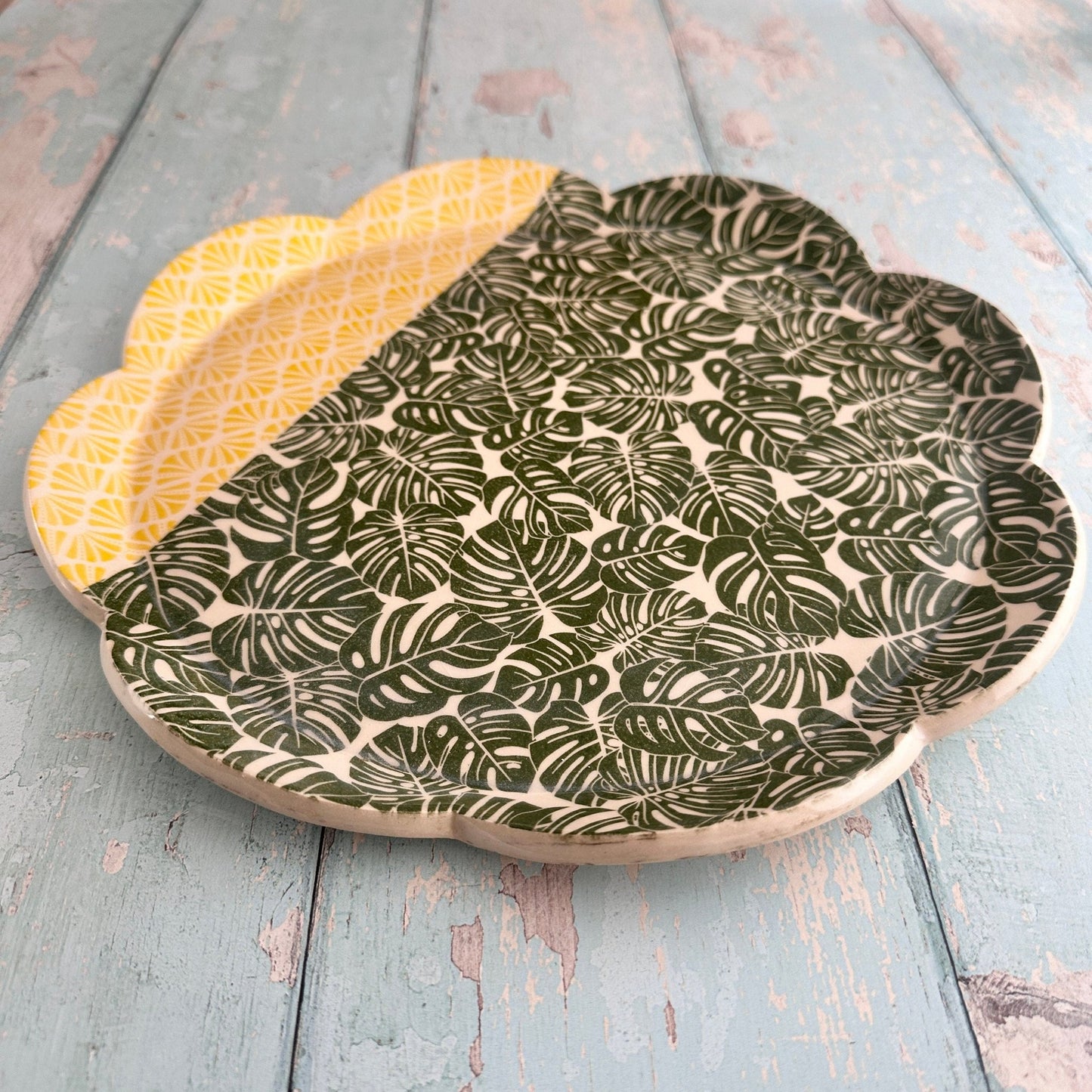 Green Monstera and Yellow Platter, Handmade Ceramic Cake Plate - FJD Ceramics