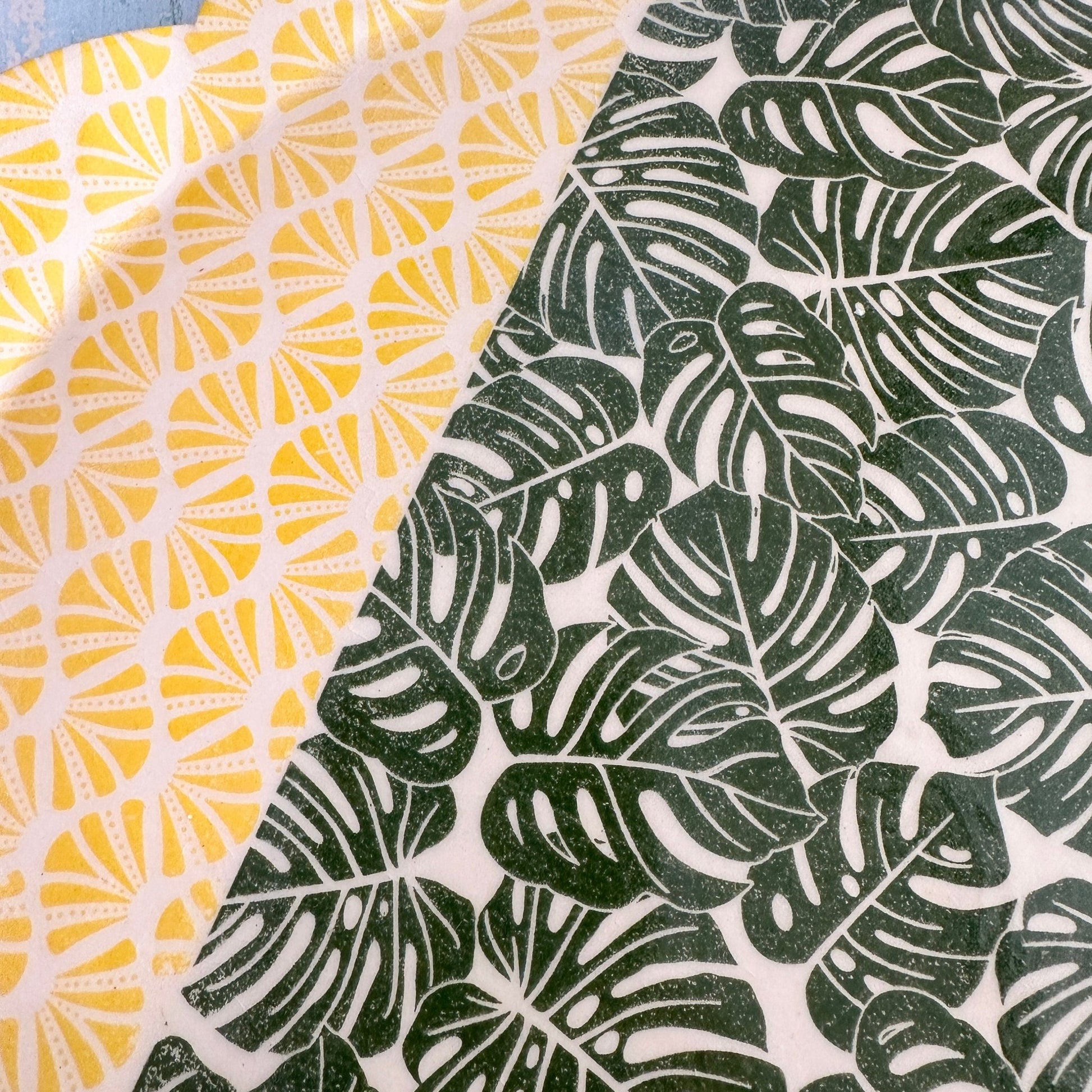 Green Monstera and Yellow Platter, Handmade Ceramic Cake Plate - FJD Ceramics