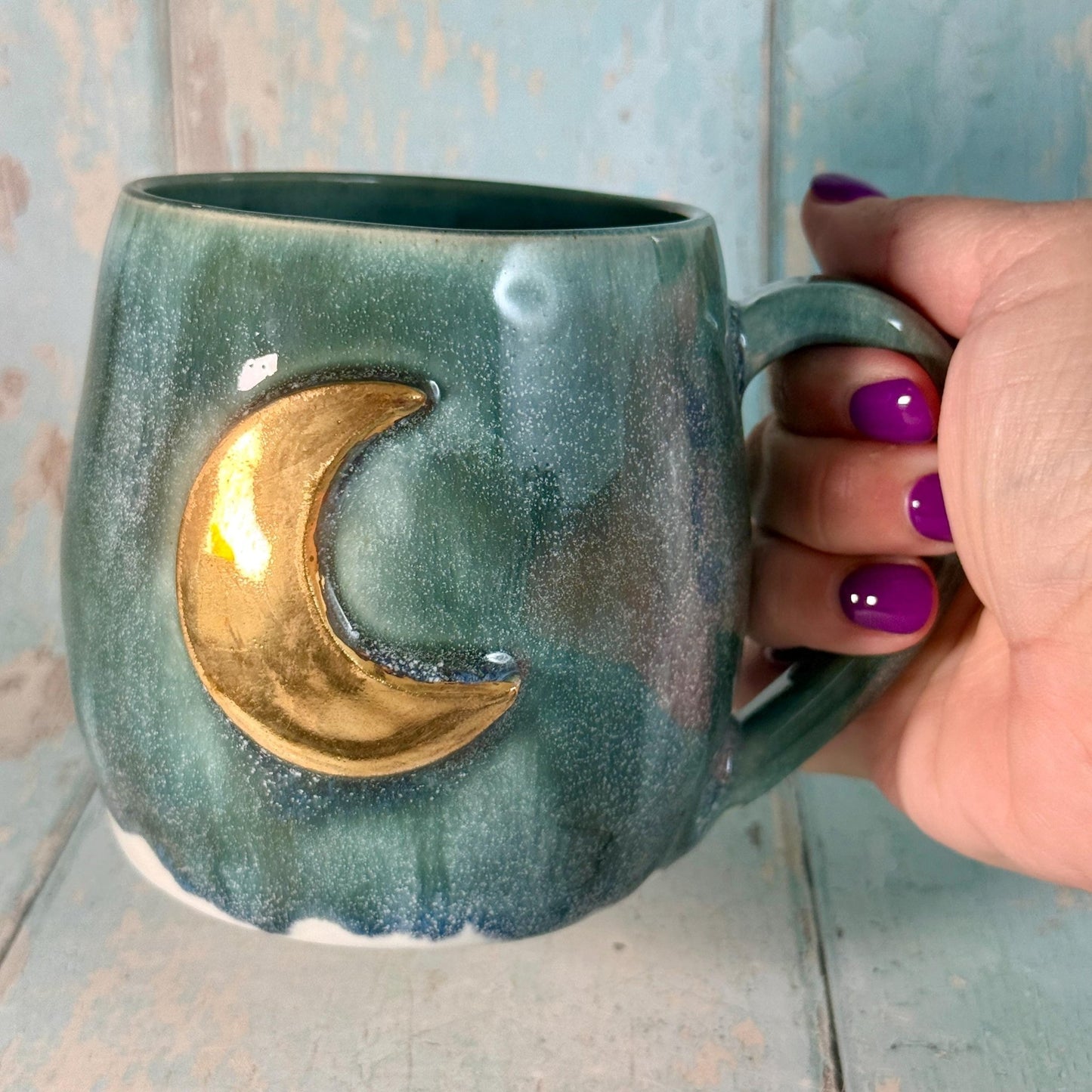 Green Moon Mug, Large Ceramic Cup - FJD Ceramics