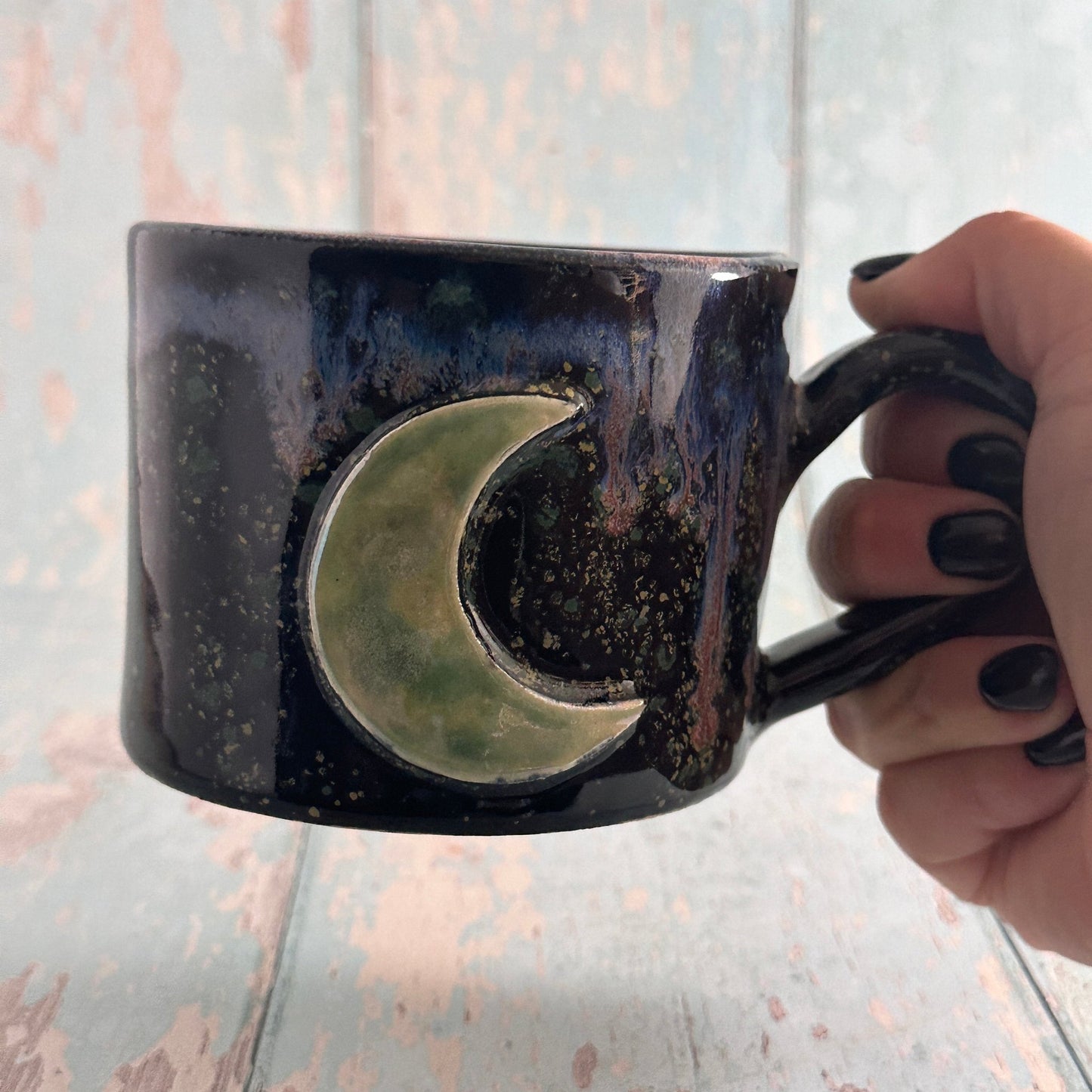Green Moon Mug, Large Ceramic Cup - FJD Ceramics