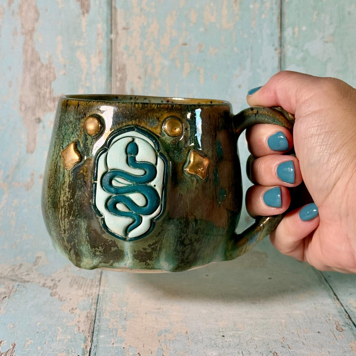 Green Snake Mug, Handmade Ceramic Cup - FJD Ceramics