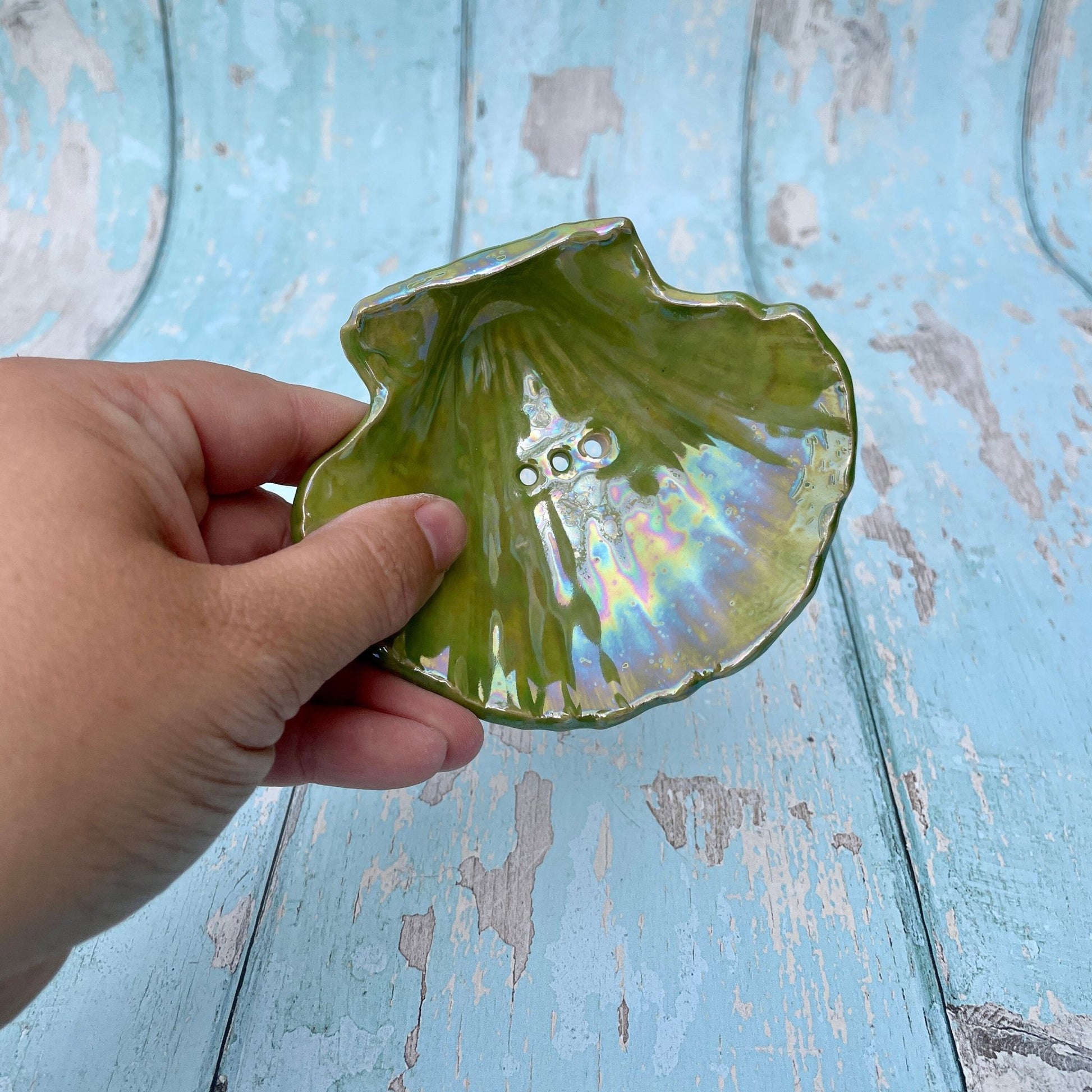 Green Soap Dish, Ceramic Sea Shell - FJD Ceramics