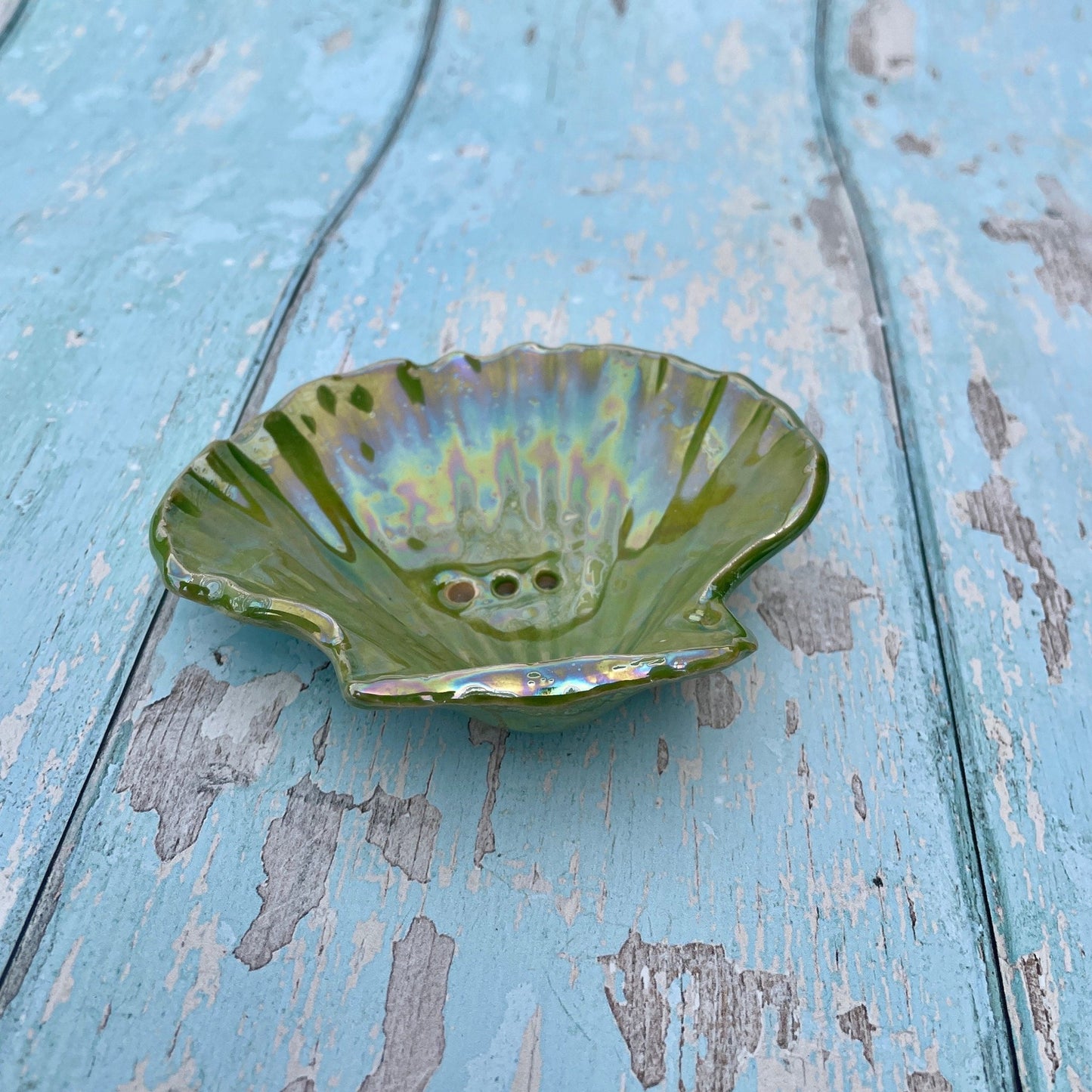 Green Soap Dish, Ceramic Sea Shell - FJD Ceramics