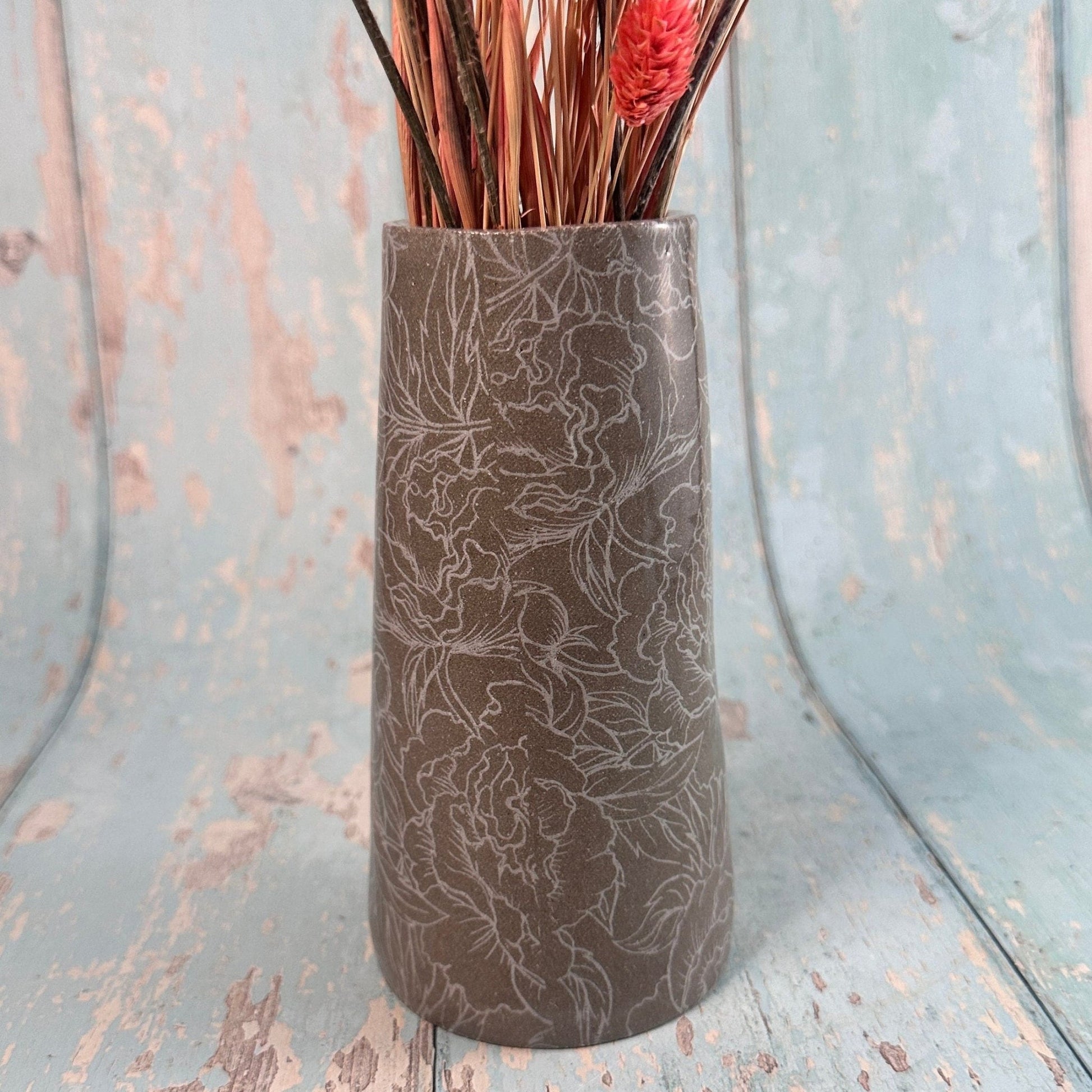 Grey Peony Ceramic Vase, Handmade Modern Pottery - FJD Ceramics