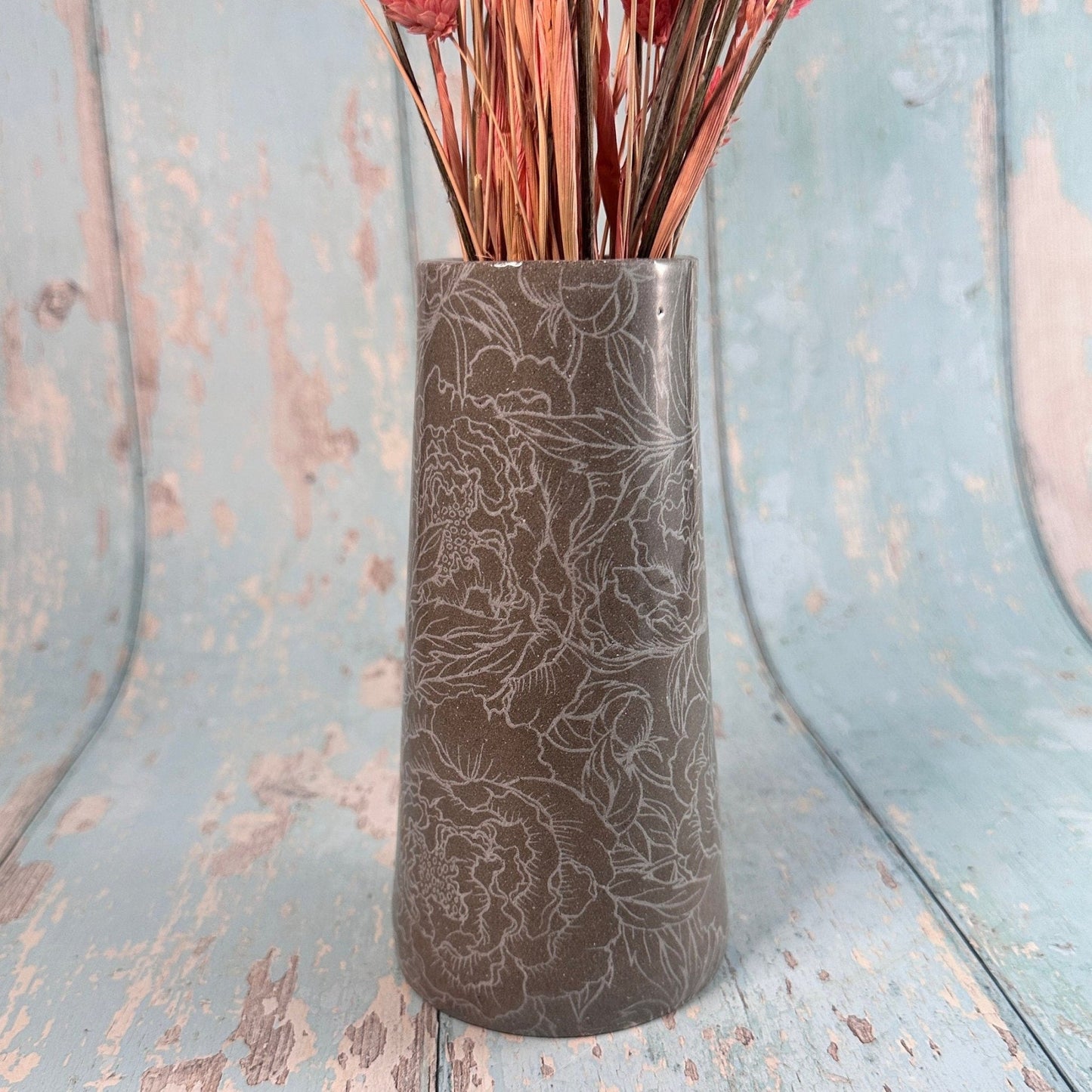 Grey Peony Ceramic Vase, Handmade Modern Pottery - FJD Ceramics