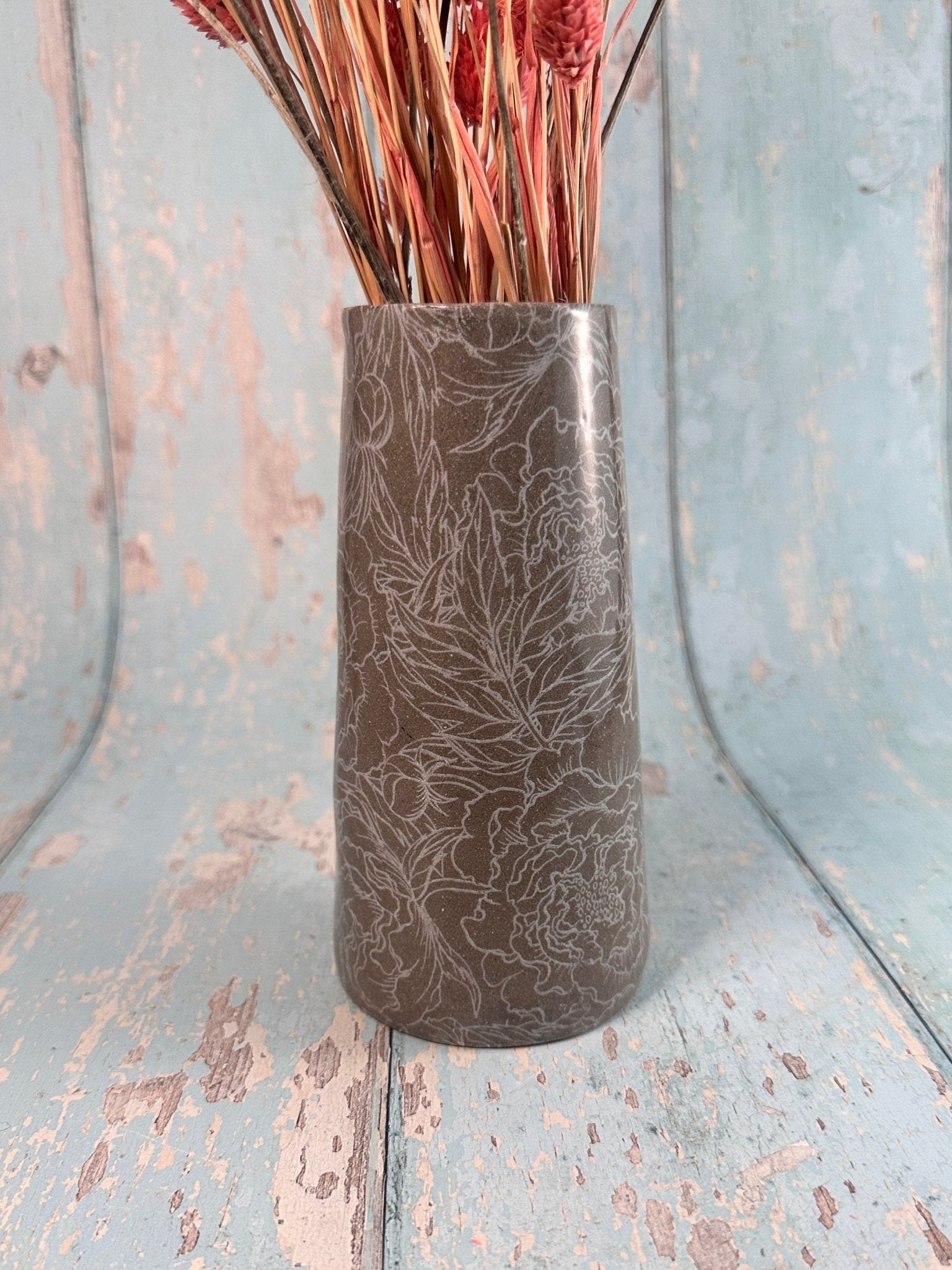 Grey Peony Ceramic Vase, Handmade Modern Pottery - FJD Ceramics