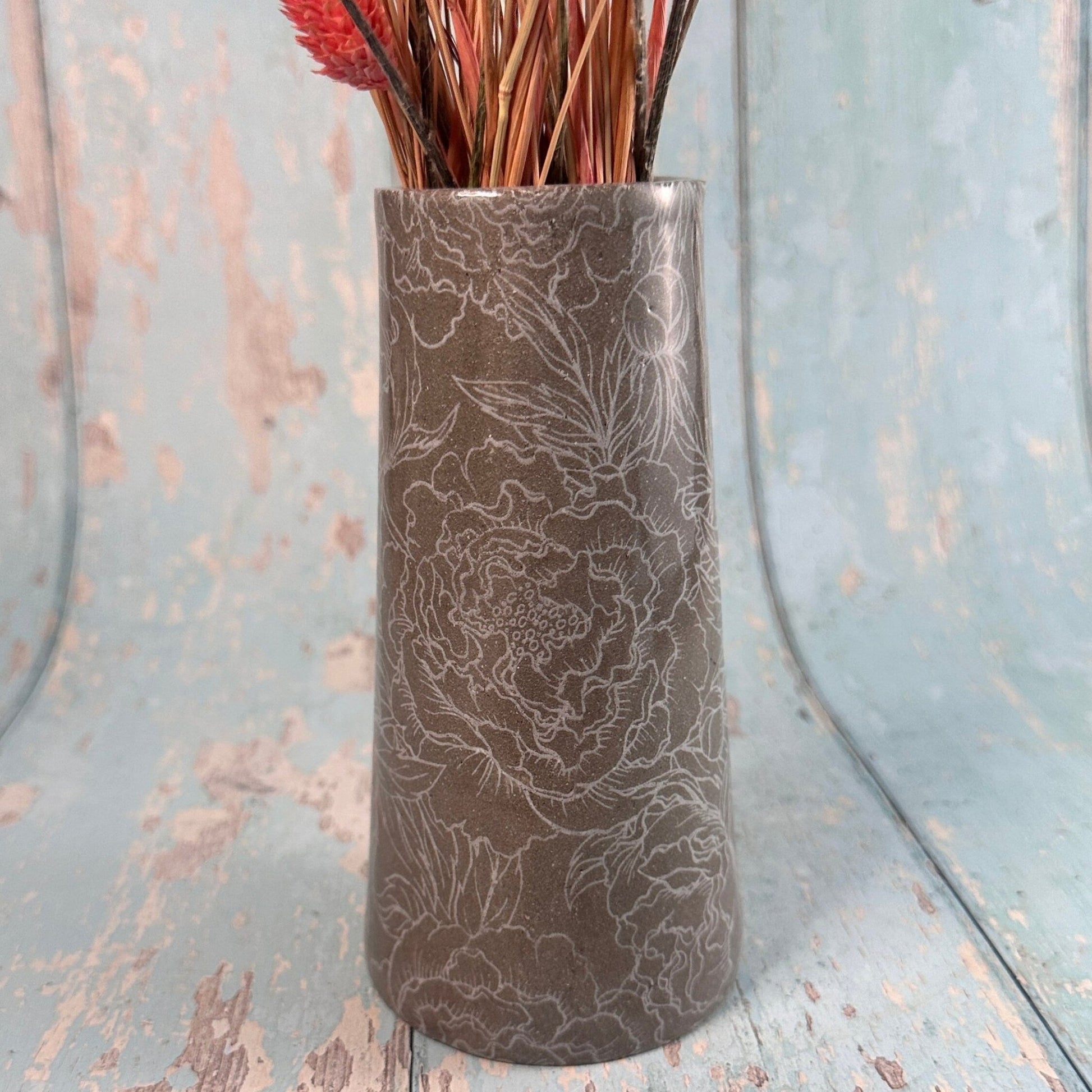 Grey Peony Ceramic Vase, Handmade Modern Pottery - FJD Ceramics