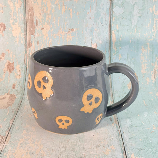 Grey Skull Mug, Handmade Ceramic Cup, Spooky Halloween Mug - FJD Ceramics